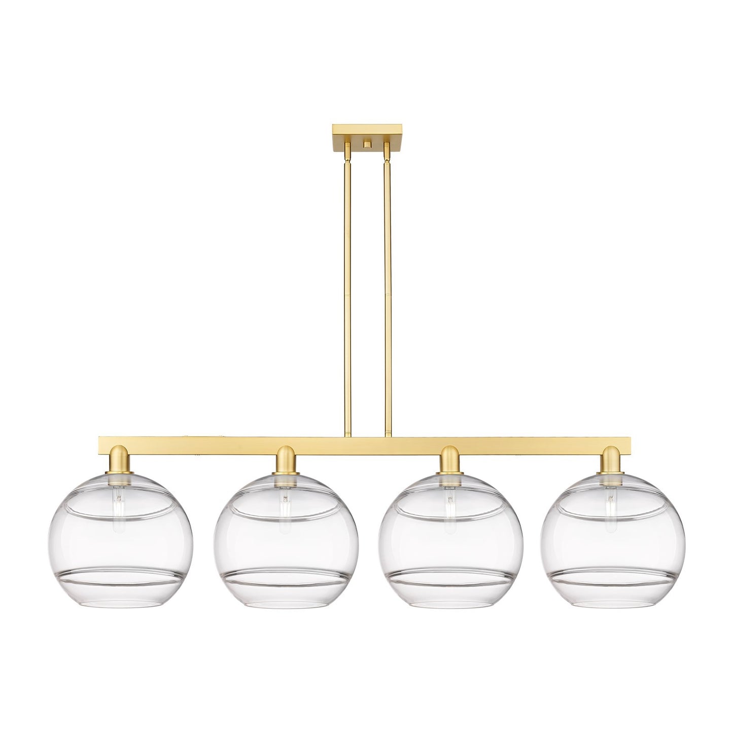 Innovations Rochester 55in 4-Light Island Light | Industrial Satin Gold Steel and Clear Glass | Kitchen Island & Dining Room | Model 716-4I-SG-G556-12CL