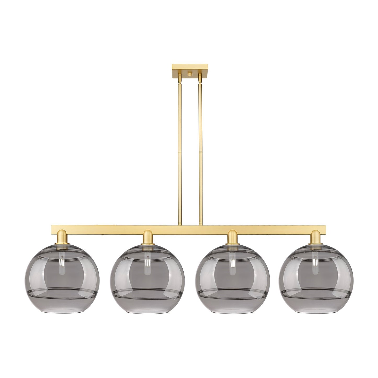 Innovations Rochester 55in 4-Light Island Light | Industrial Satin Gold Steel and Cast Brass with Light Smoke Glass | Kitchen | Model 716-4I-SG-G556-12SM