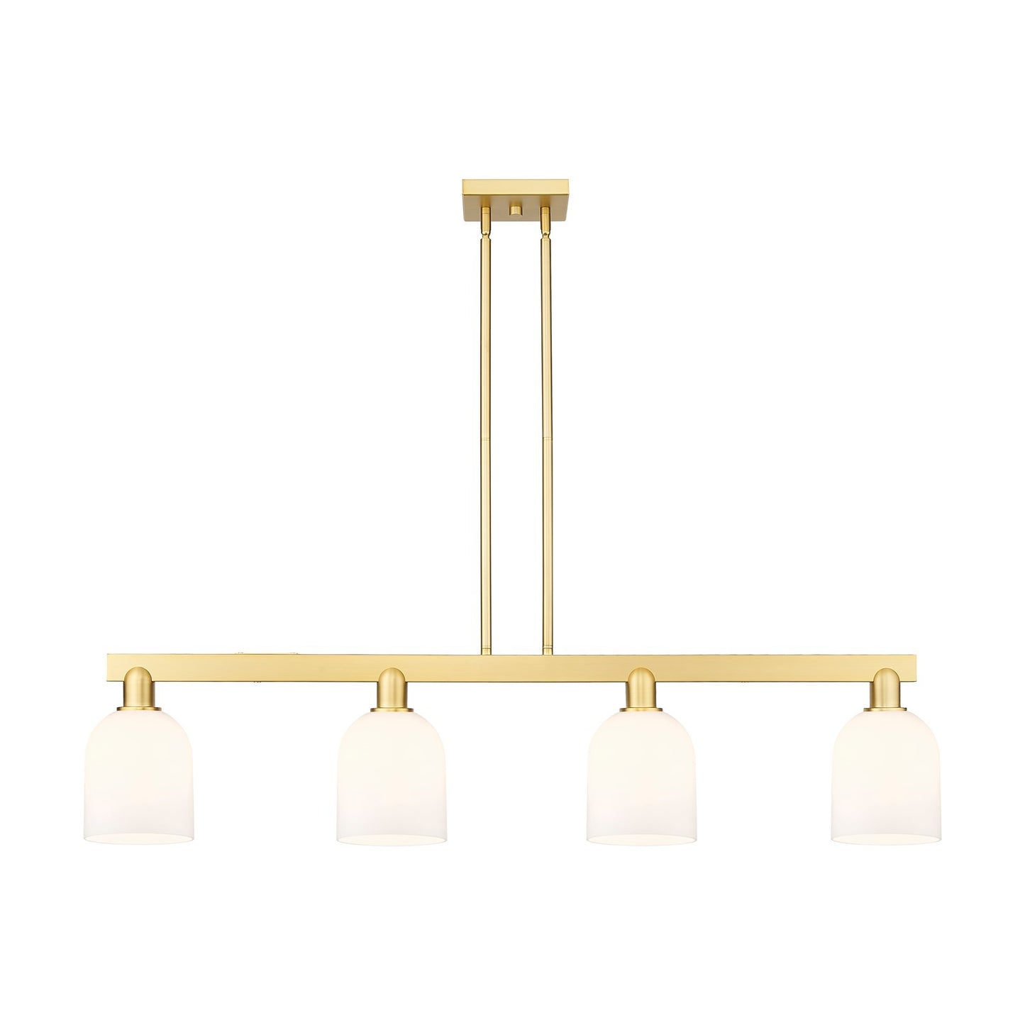 Innovations Bella 48in 4-Light Island Light | Industrial Satin Gold Steel and White Glass | Kitchen Island & Dining Room | Model 716-4I-SG-G558-6GWH