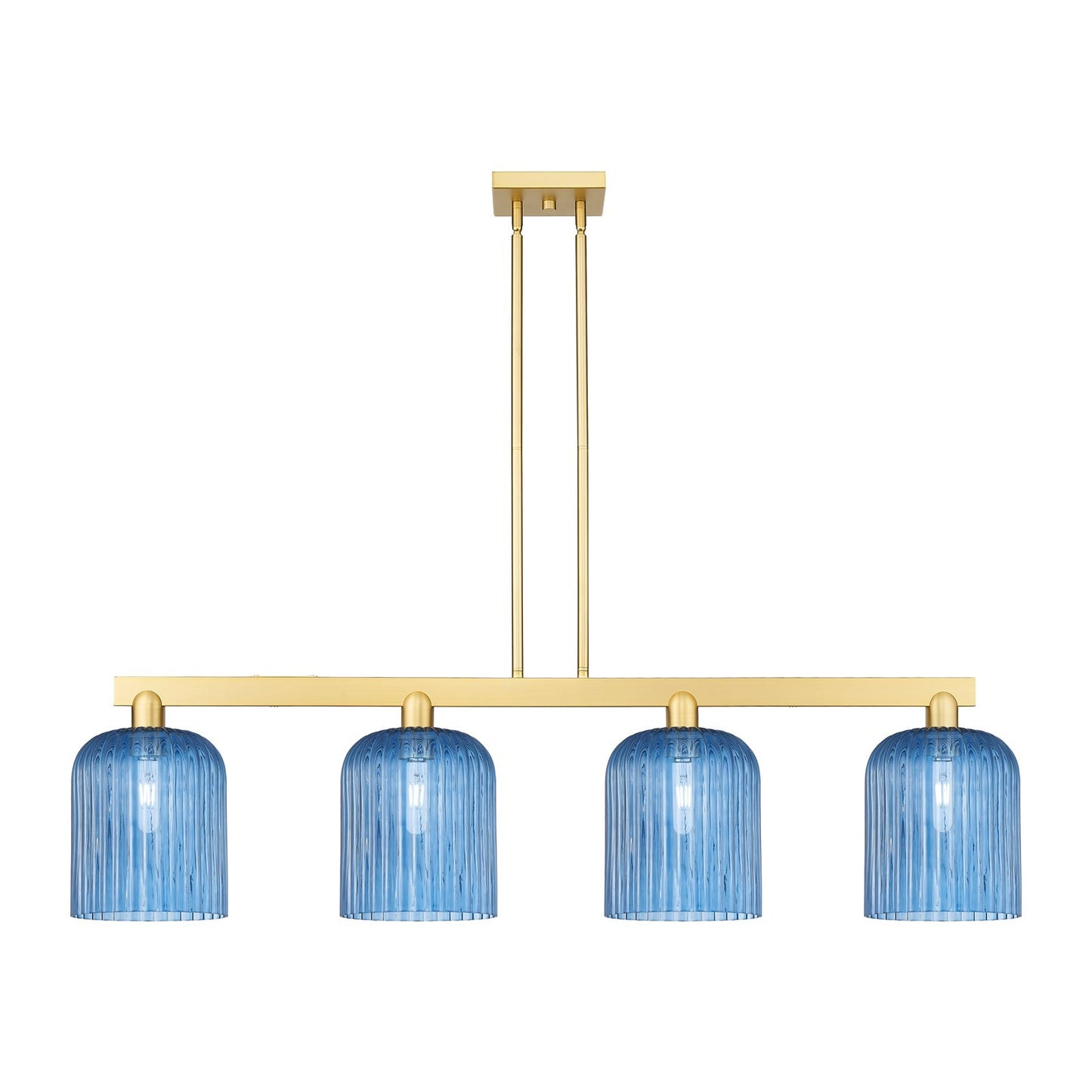 Innovations Bridal Veil 51in 4-Light Island Light | Industrial Satin Gold Steel and Princess Blue Ribbed Glass | Kitchen Island | Model 716-4I-SG-G559-8BL