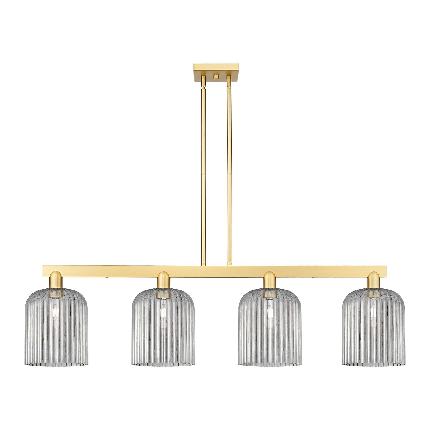 Innovations Bridal Veil 51in 4-Light Island Light | Industrial Satin Gold Steel and Cast Brass with Light Smoke Ribbed Glass | Model 716-4I-SG-G559-8SM