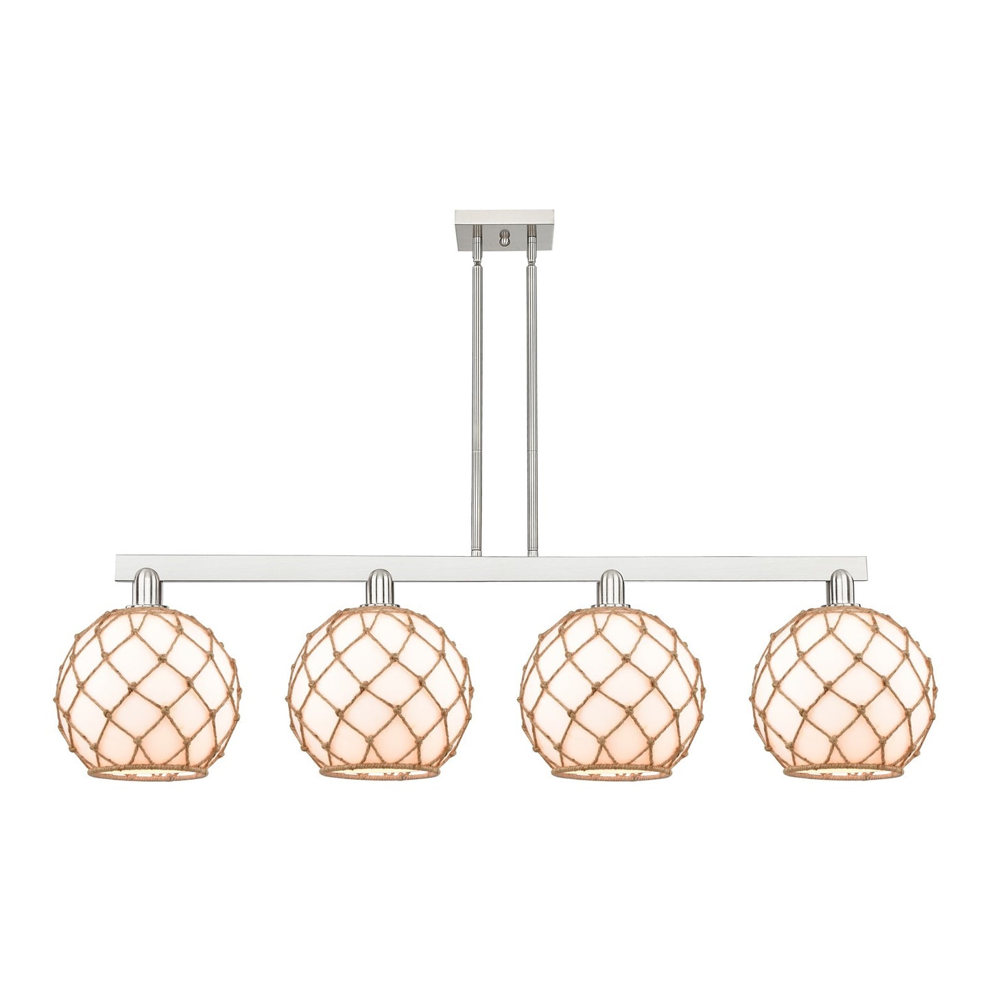 Innovations Farmhouse Rope 53in 4-Light Island Light | Industrial Brushed Satin Nickel and Matte White Glass with Brown Rope | Model 716-4I-SN-G121-10RB