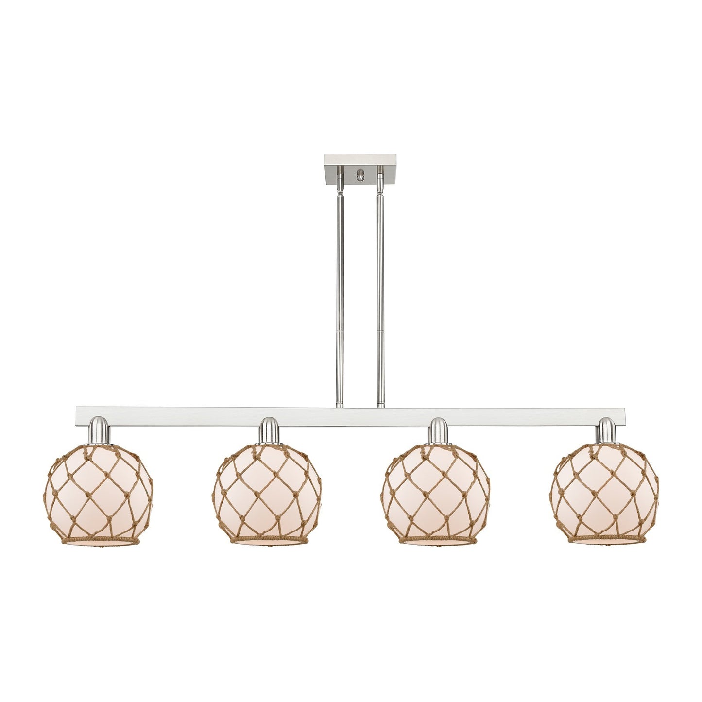 Innovations Farmhouse Rope 51in 4-Light Island Light | Industrial Brushed Satin Nickel and White Glass with Brown Rope | Model 716-4I-SN-G121-8RB