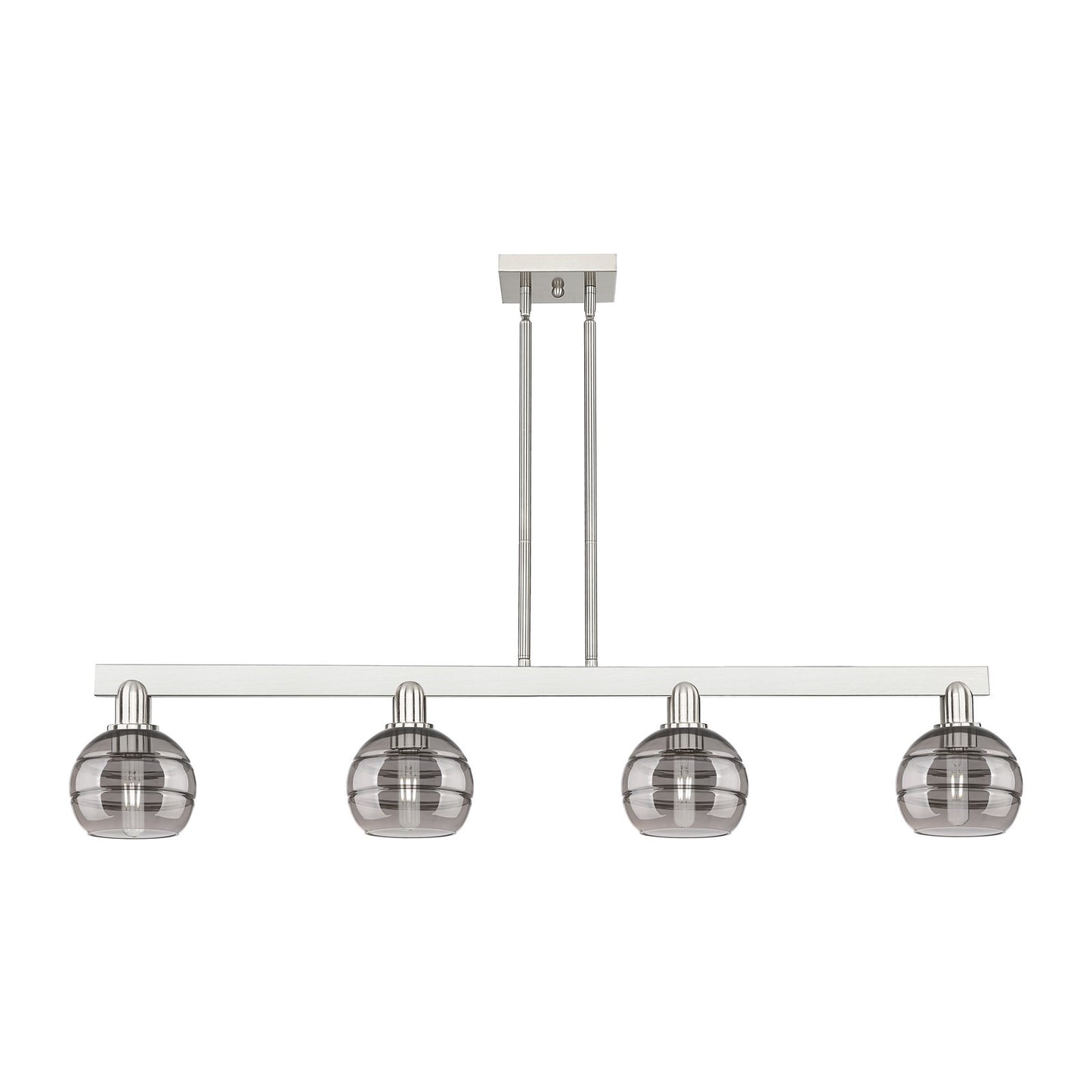 Innovations Rochester 49in 4-Light Island Light | Industrial Brushed Satin Nickel and Light Smoke Glass | Kitchen Island & | Model 716-4I-SN-G556-6SM