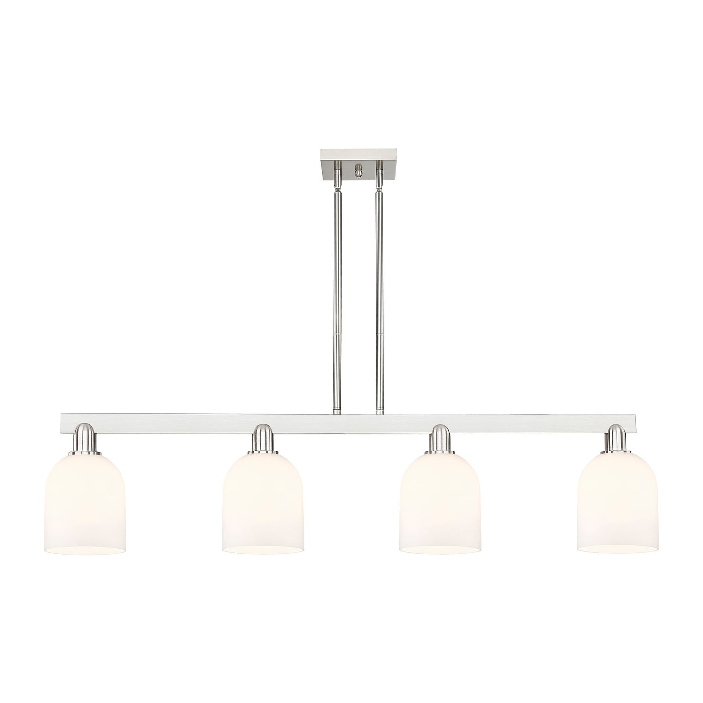 Innovations Bella 48in 4-Light Island Light | Industrial Brushed Satin Nickel Steel and White Glass | Kitchen Island & Dining | Model 716-4I-SN-G558-6GWH