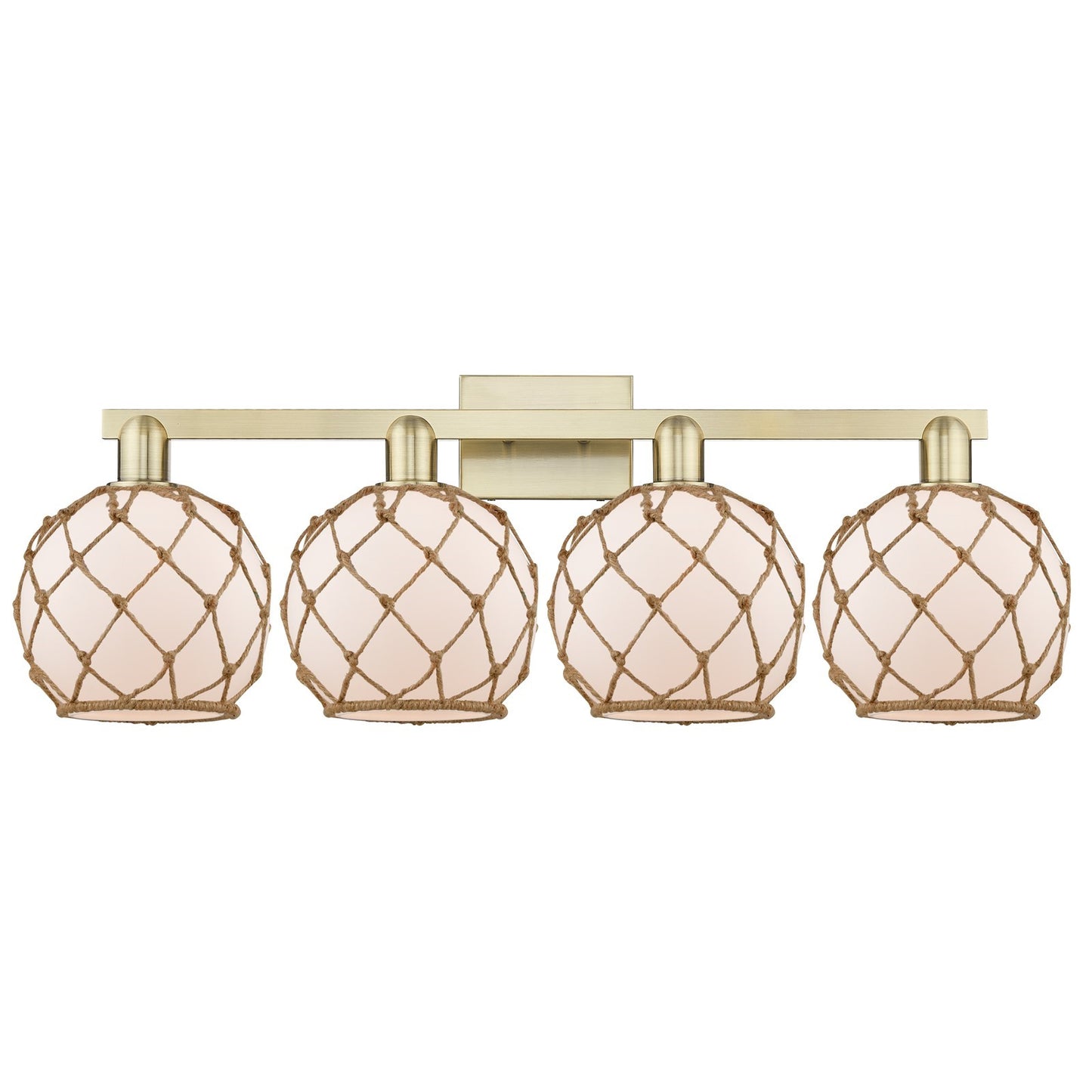 Innovations Farmhouse Rope 35in 4-Light Bath Vanity Light | Industrial Antique Brass Steel and White Frosted Glass with Brown | Model 716-4W-AB-G121-8RB