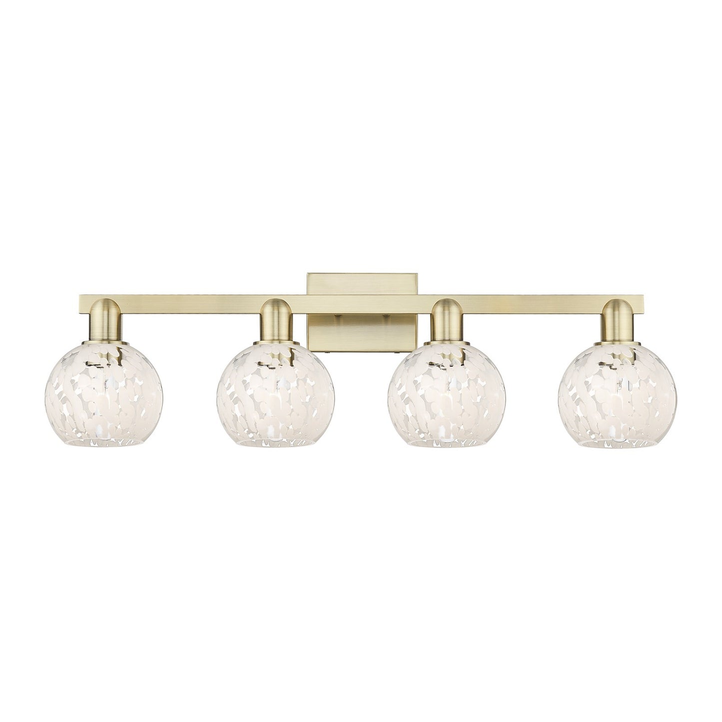 Innovations White Mouchette 33in 4-Light Bath Vanity Light | Industrial Antique Brass and White Mouchette Glass | Bathroom | Model 716-4W-AB-G1216-6WM