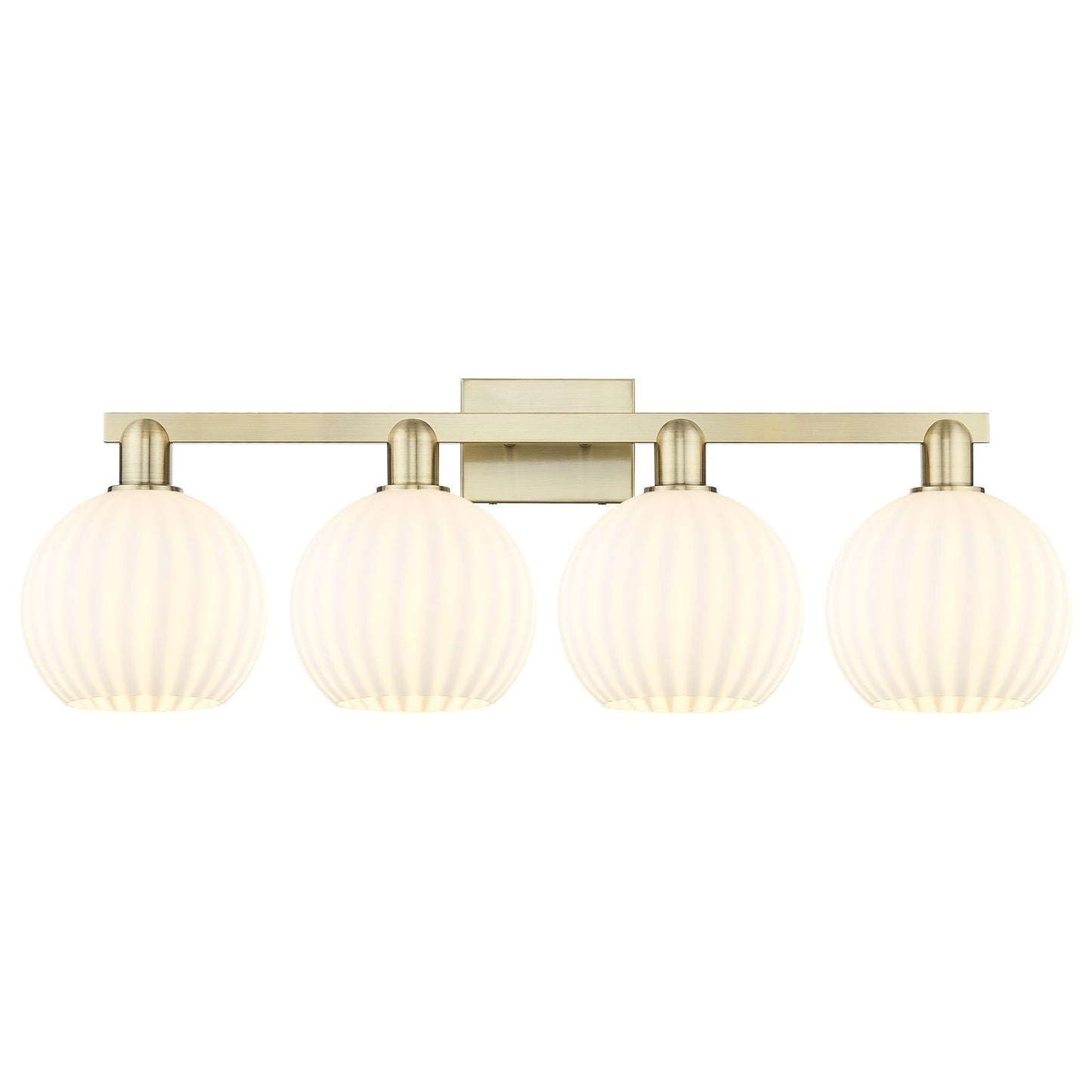 Innovations Lighting White Venetian 35in 4-Light Bath Vanity Light | Industrial Antique Brass Steel and White Venetian Glass | Model 716-4W-AB-G1217-8WV