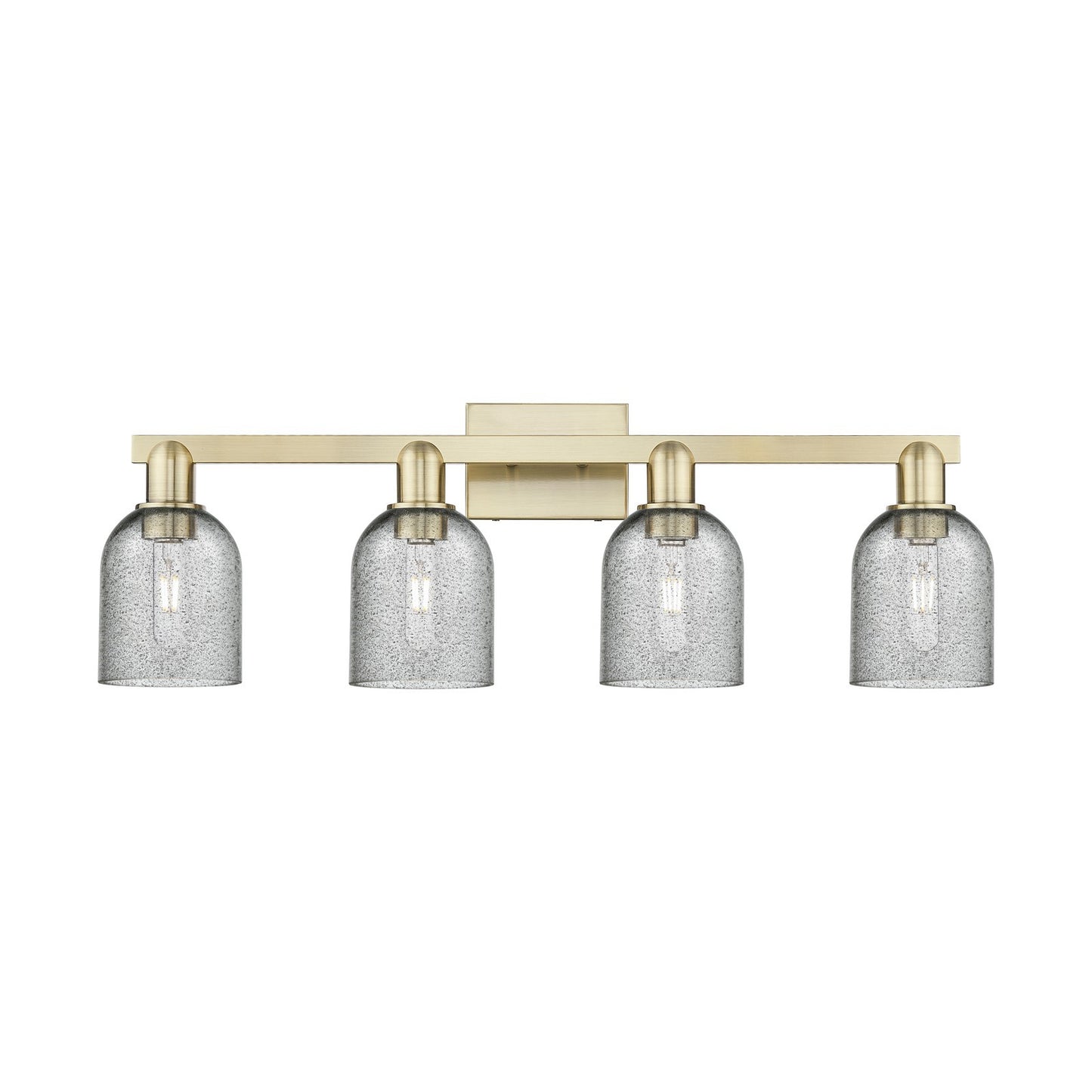 Innovations Caledonia 32in 4-Light Bath Vanity Light | Industrial Antique Brass Steel and Charcoal Glass | Bathroom Vanity | Model 716-4W-AB-G257