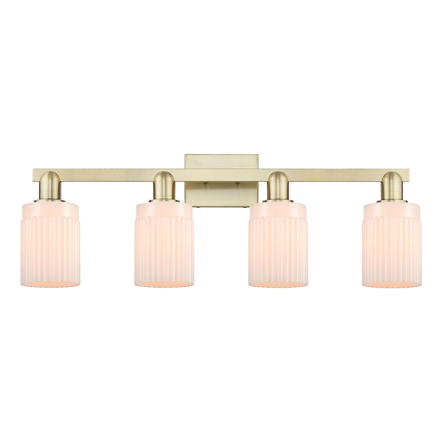 Innovations Hadley 32in 4-Light Bath Vanity Light | Industrial Antique Brass and Matte White Ribbed Glass | Bathroom Vanity | Model 716-4W-AB-G341