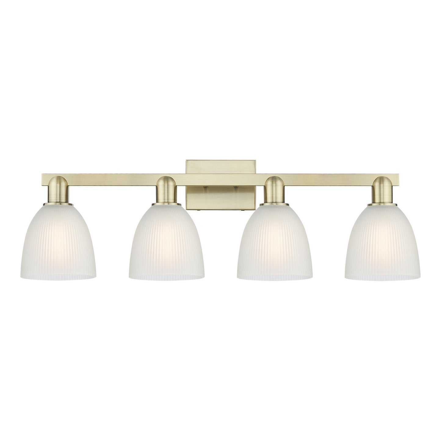 Innovations Castile 33in 4-Light Bath Vanity Light | Industrial Antique Brass Steel and White Glass | Bathroom Vanity | Model 716-4W-AB-G381