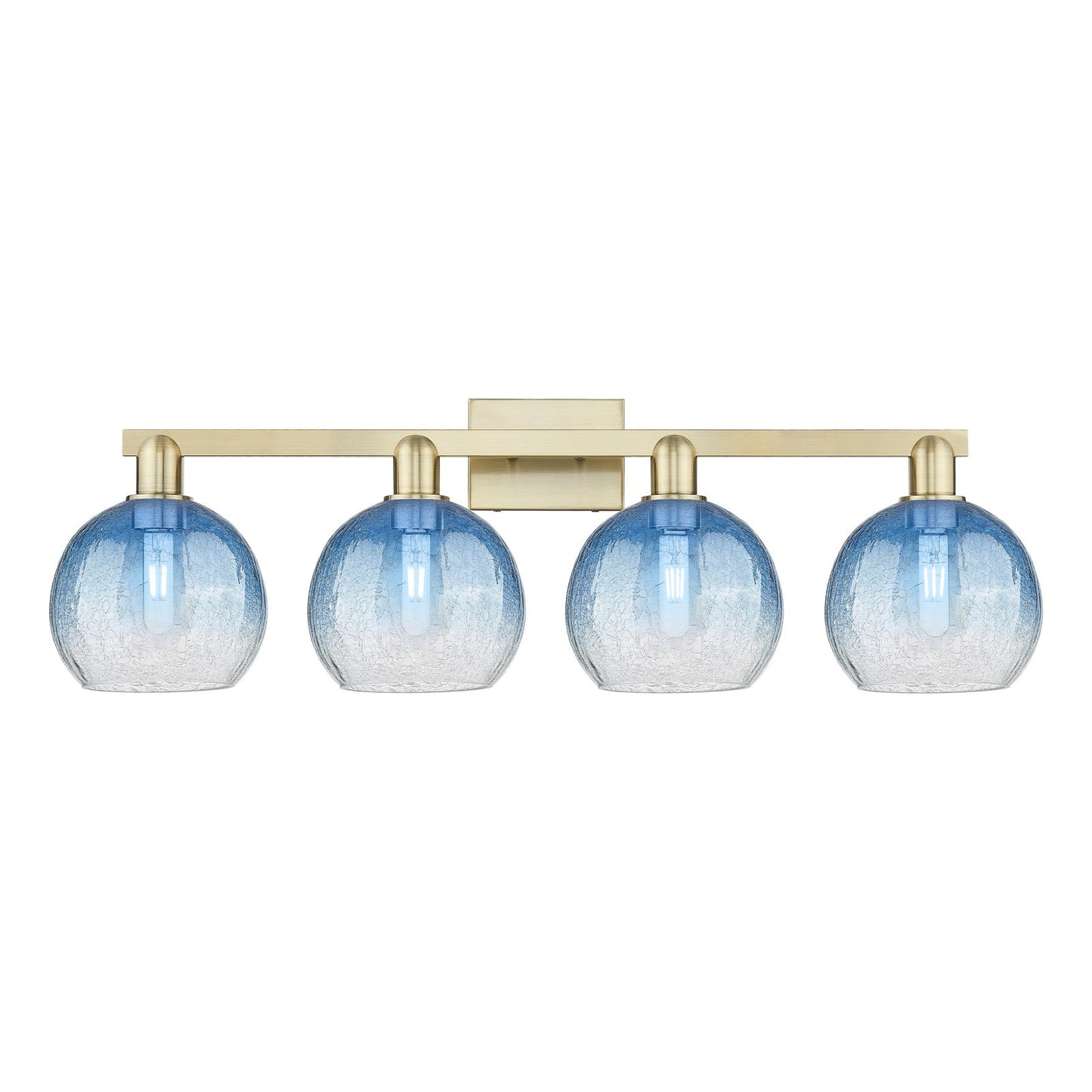 Innovations Brookhaven Globe 35in 4-Light Bath Vanity Light | Industrial Antique Brass and Sapphire Blue Glass | Bathroom | Model 716-4W-AB-G483-8SB