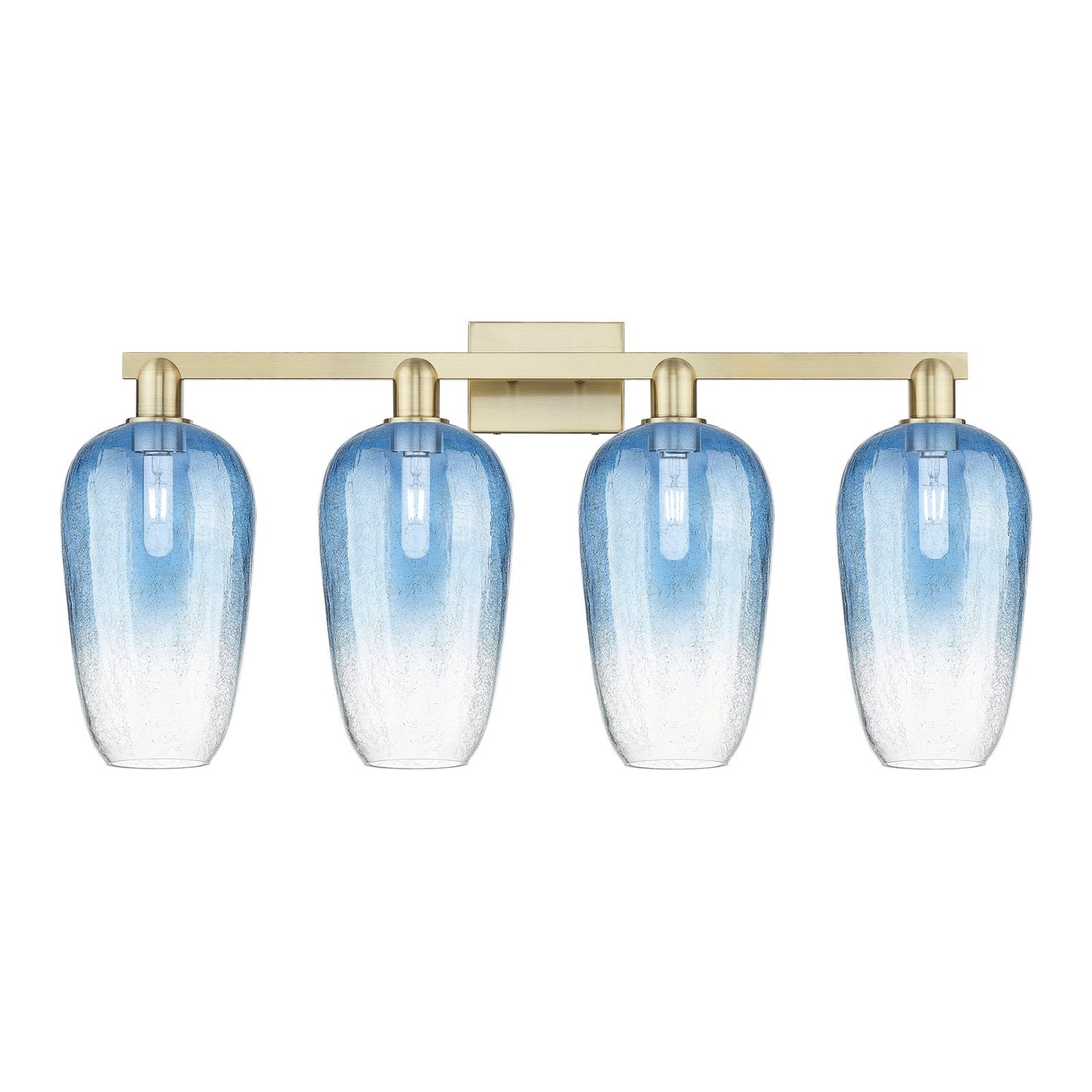 Innovations Brookhaven Flute 34in 4-Light Bath Vanity Light | Industrial Modern Contempo Antique Brass and Sapphire Blue Glass | Model 716-4W-AB-G484-7SB