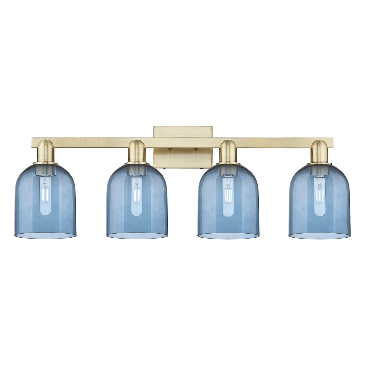 Innovations Bella 33in 4-Light Bath Vanity Light | Industrial Antique Brass and Blue Glass | Bathroom Vanity | Model 716-4W-AB-G558-6BL