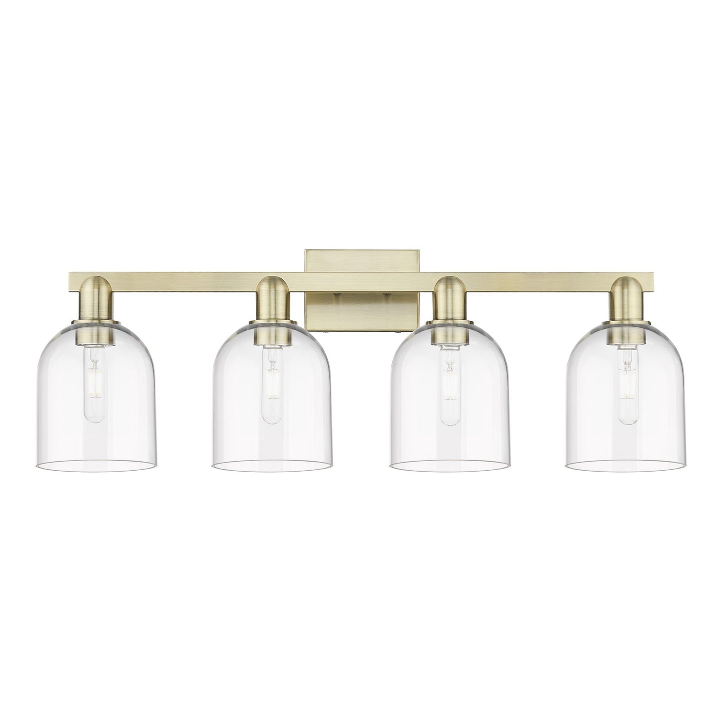 Innovations Bella 33in 4-Light Bath Vanity Light | Industrial Antique Brass and Clear Glass | Damp-Rated Bathroom Vanity | Model 716-4W-AB-G558-6CL