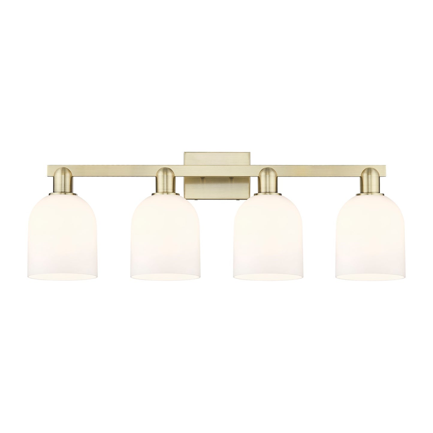 Innovations Bella 33in 4-Light Bath Vanity Light | Industrial Antique Brass and White Glass | Bathroom Vanity | Model 716-4W-AB-G558-6GWH