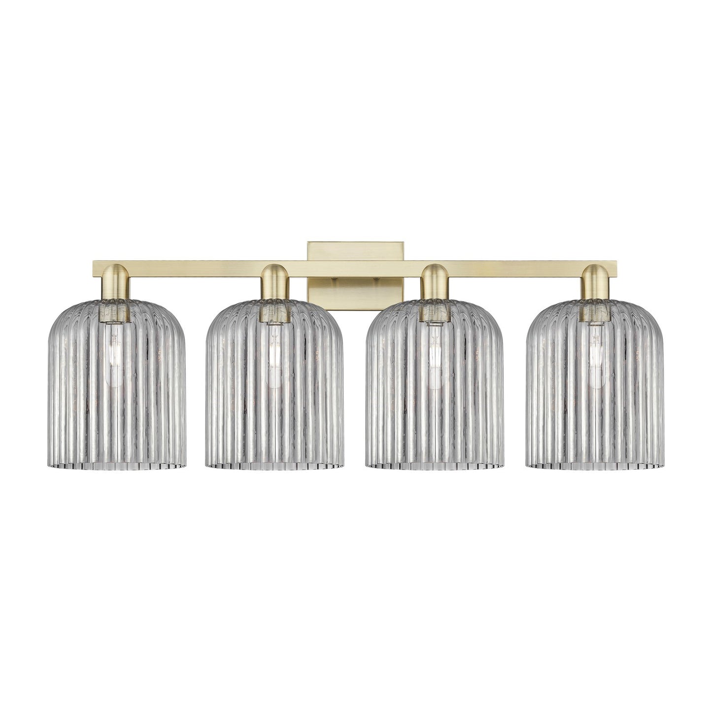 Innovations Bridal Veil 35in 4-Light Bath Vanity | Industrial Antique Brass Steel and Light Smoke Ribbed Glass | Bathroom | Model 716-4W-AB-G559-8SM