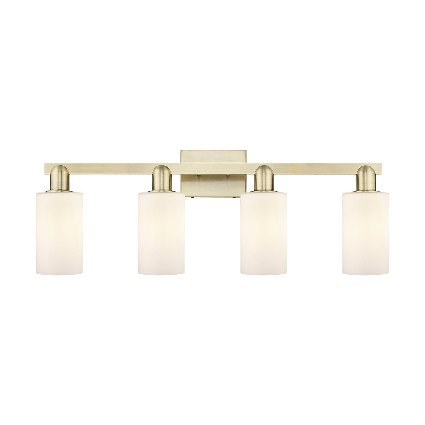 Innovations Clymer 31in 4-Light Bath Vanity Light | Industrial Antique Brass and Matte White Glass | Bathroom Vanity | Model 716-4W-AB-G801
