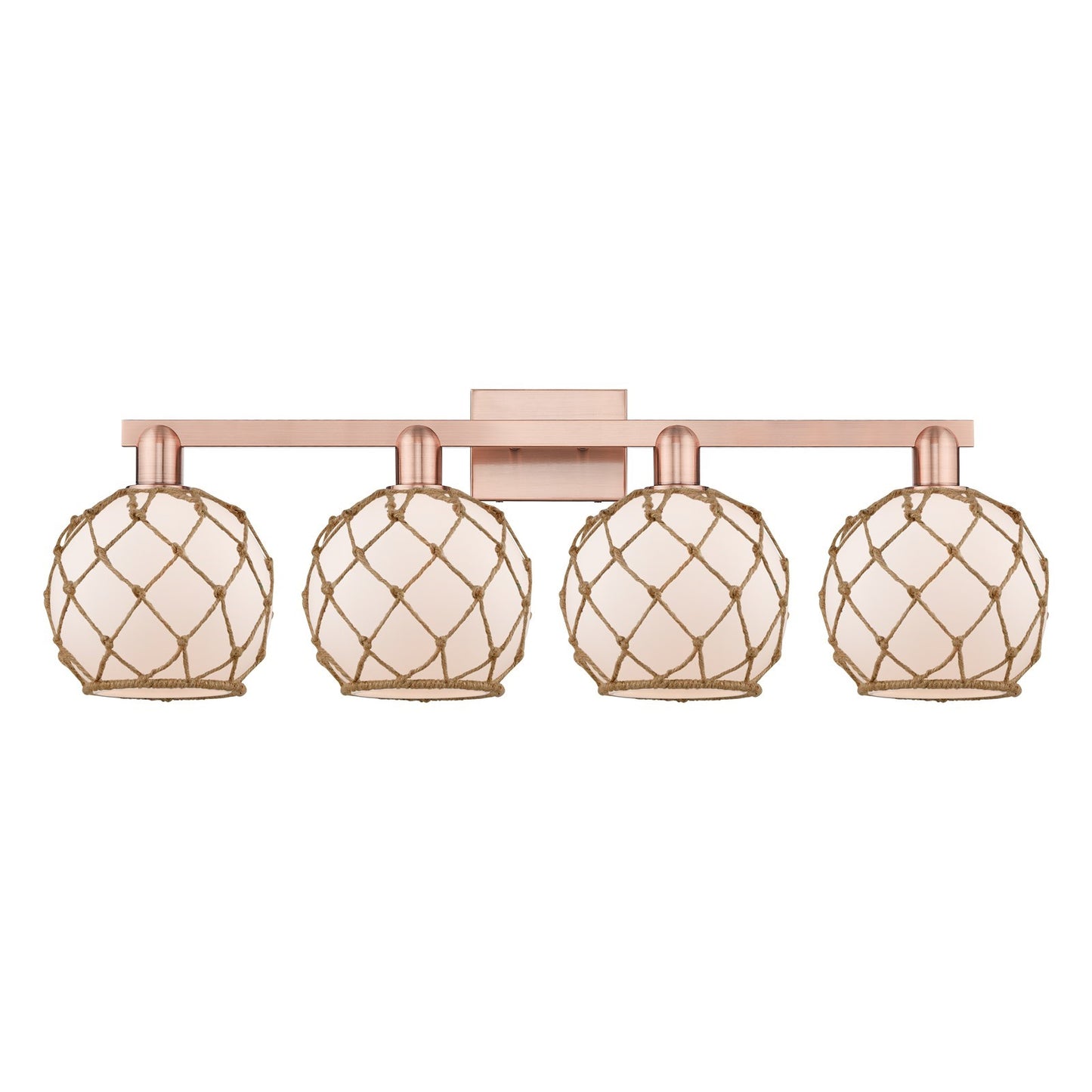 Innovations Farmhouse Rope 35in 4-Light Bath Vanity | Industrial Antique Copper and White Glass with Brown Rope | Bathroom | Model 716-4W-AC-G121-8RB