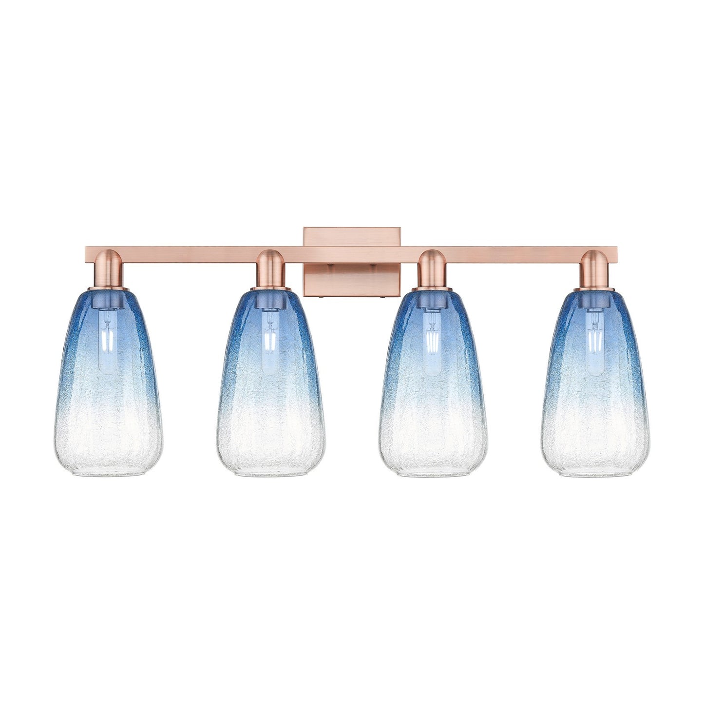 Innovations Brookhaven Almond 33in 4-Light Bath Vanity Light | Industrial Antique Copper and Sapphire Blue Glass | Damp Rated | Model 716-4W-AC-G480-6SB