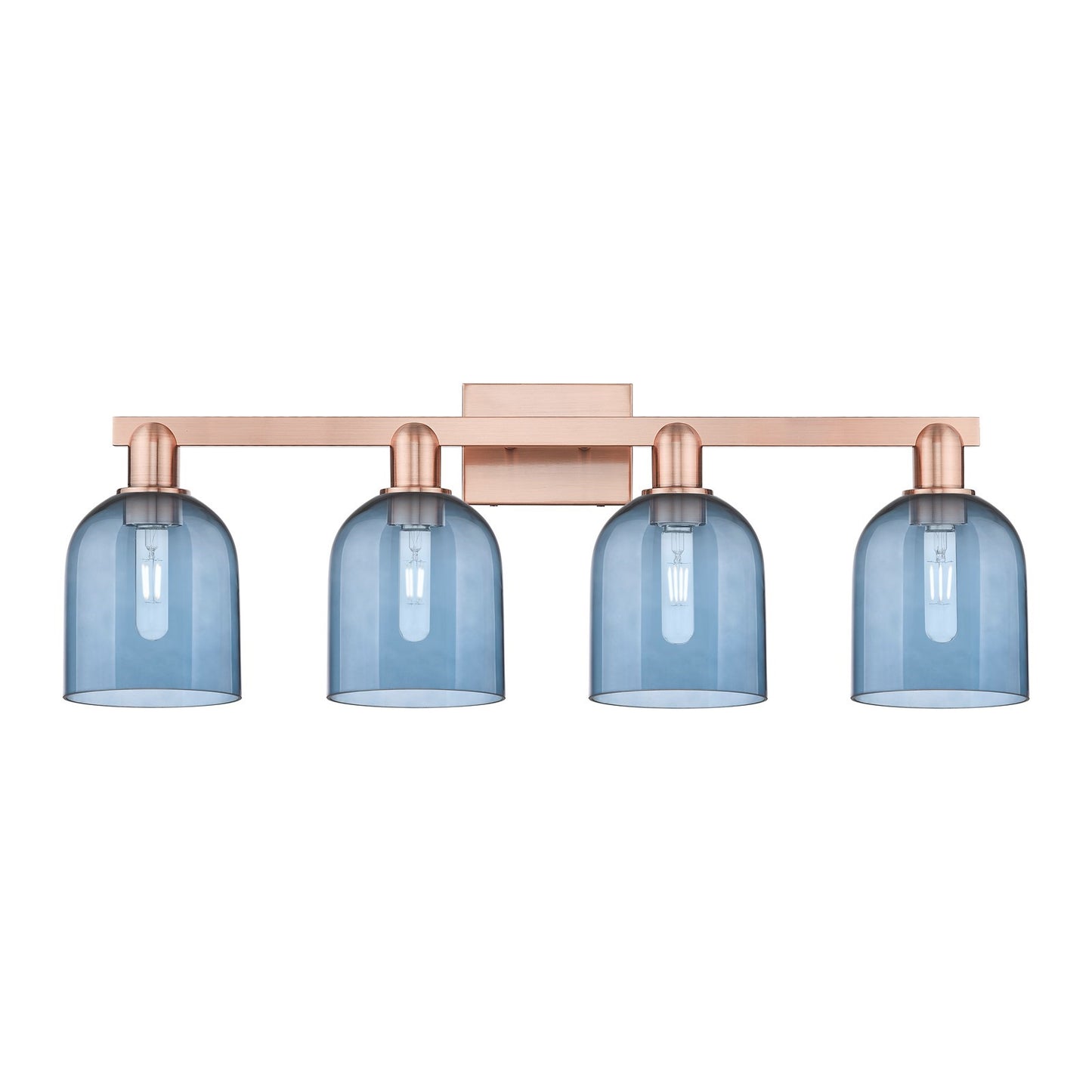 Innovations Bella 33in 4-Light Bath Vanity Light | Industrial Antique Copper Steel and Blue Glass | Bathroom Vanity | Model 716-4W-AC-G558-6BL