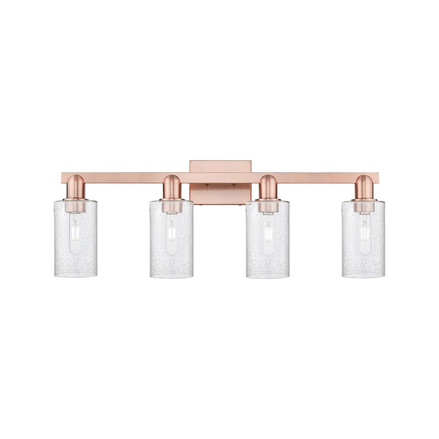 Innovations Clymer 31in 4-Light Bath Vanity Light | Industrial Antique Copper Steel and Seedy Glass | Bathroom Vanity | Model 716-4W-AC-G804