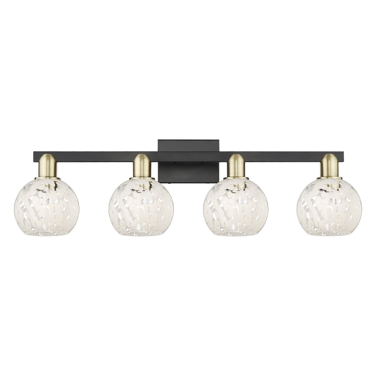 Innovations White Mouchette 33in 4-Light Bath Vanity Light | Industrial Black Antique Brass and White Mouchette Glass | Model 716-4W-BAB-G1216-6WM
