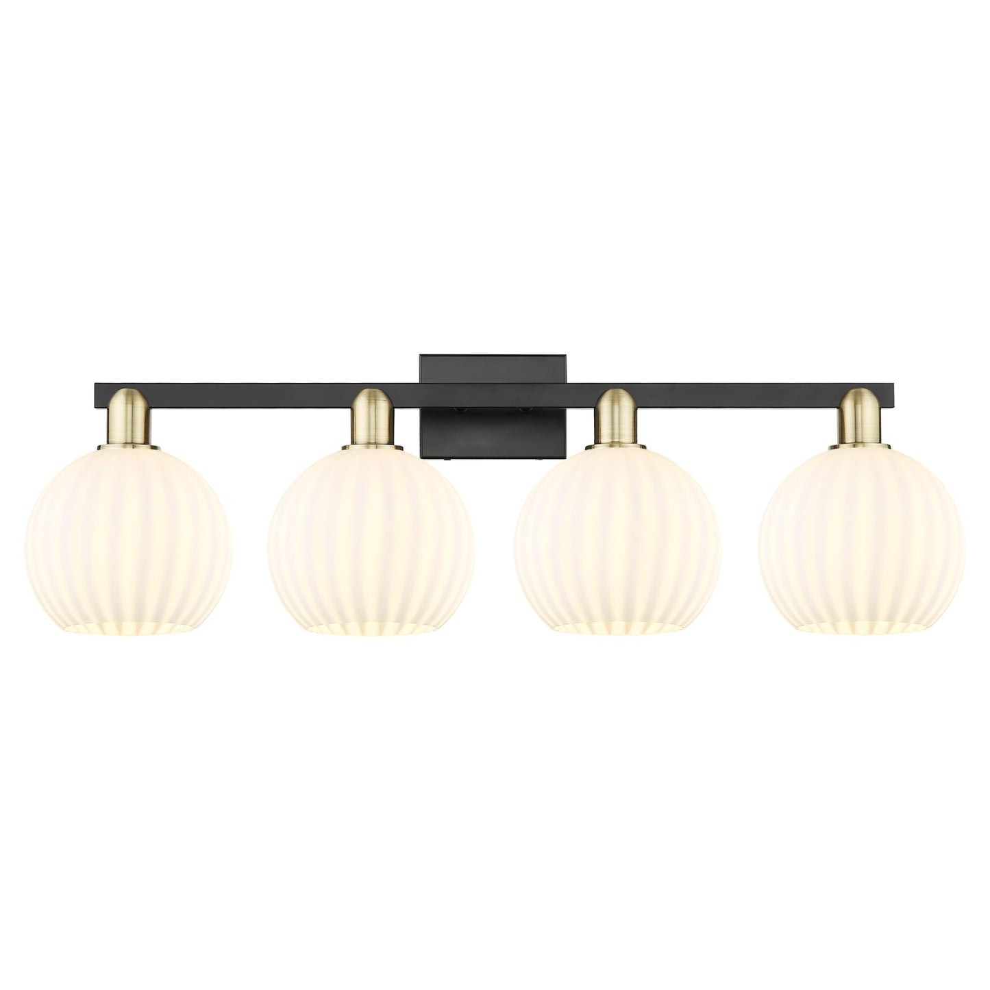Innovations Lighting Arcadia 35in 4-Light Bath Vanity Light | Industrial Black Antique Brass and White Venetian Glass | Model 716-4W-BAB-G1217-8WV