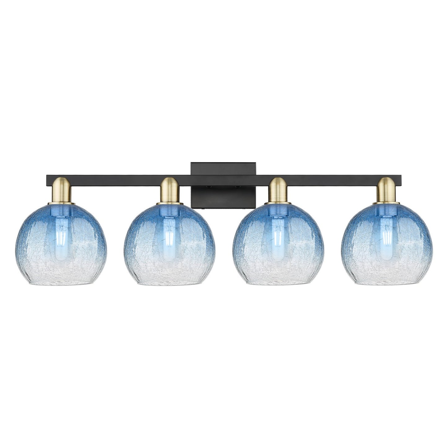 Innovations Brookhaven Globe 35in 4-Light Bath Vanity Light | Industrial Black Antique Brass and Sapphire Blue Glass | Model 716-4W-BAB-G483-8SB