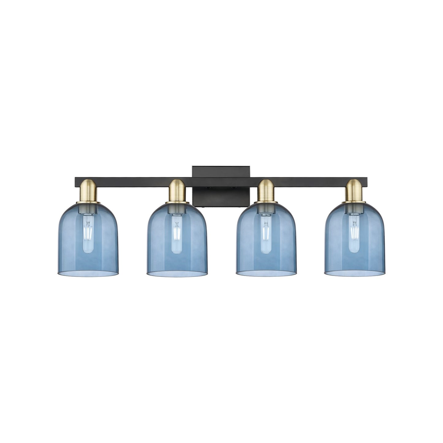 Innovations Bella 33in 4-Light Bath Vanity Light | Industrial Black Antique Brass and Blue Glass | Bathroom Vanity | Model 716-4W-BAB-G558-6BL