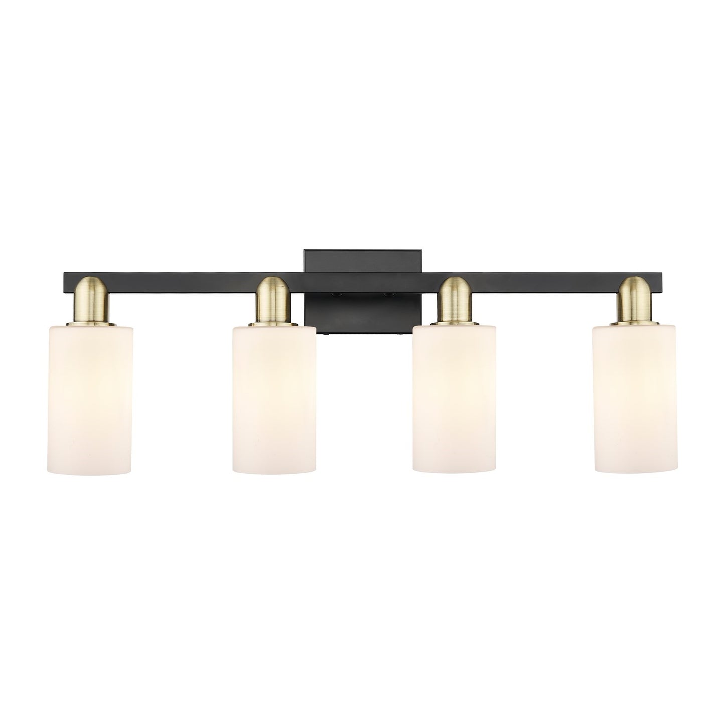 Innovations Clymer 31in 4-Light Bath Vanity | Industrial Black Antique Brass Steel and Matte White Glass | Bathroom Vanity Light | Model 716-4W-BAB-G801