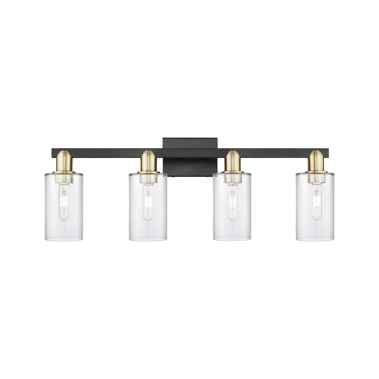 Innovations Clymer 31in 4-Light Bath Vanity | Industrial Black Antique Brass Steel and Clear Glass | Bathroom Vanity Light | Model 716-4W-BAB-G802