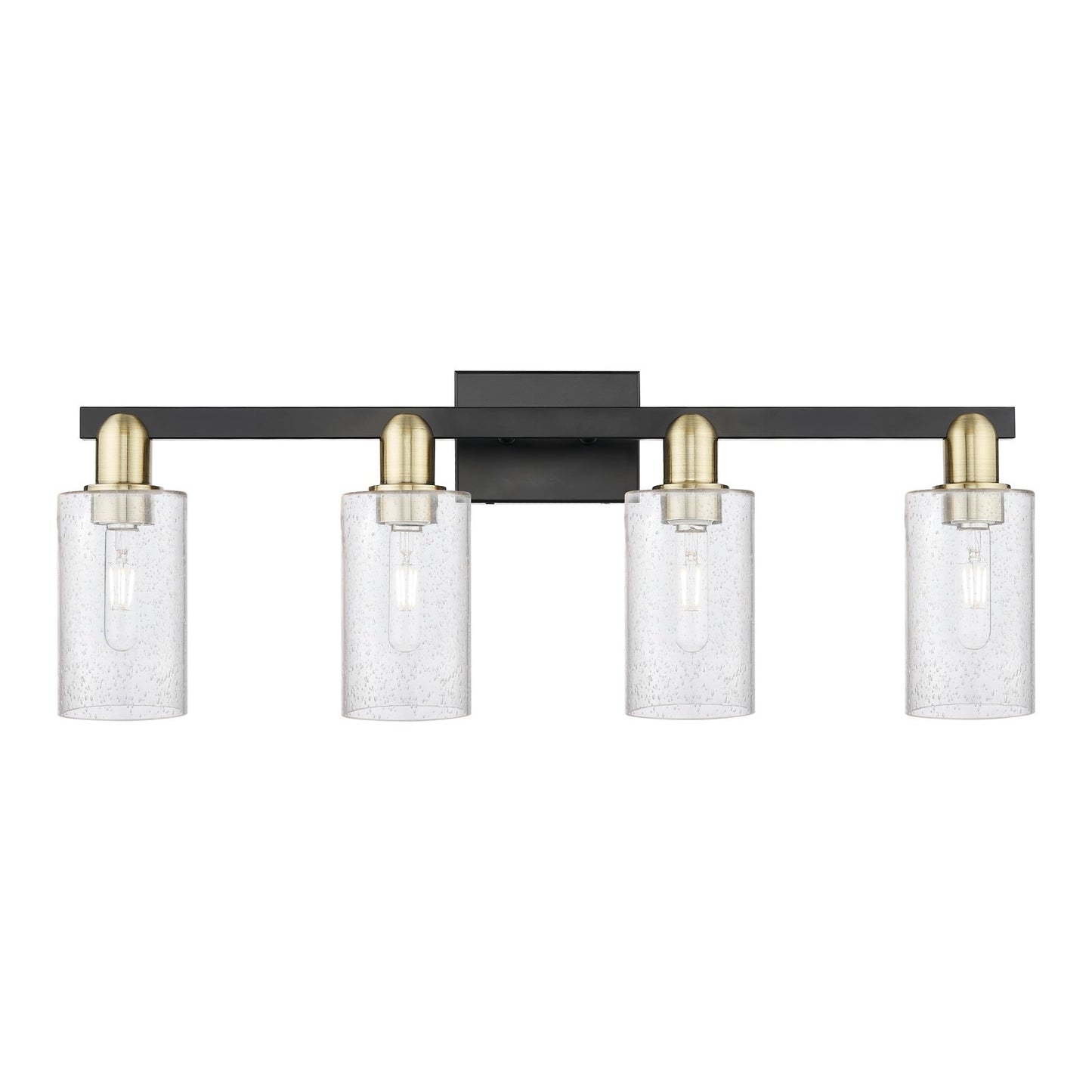 Innovations Clymer 31in 4-Light Bath Vanity | Industrial Black Antique Brass and Seedy Glass | Bathroom Vanity Light | Model 716-4W-BAB-G804