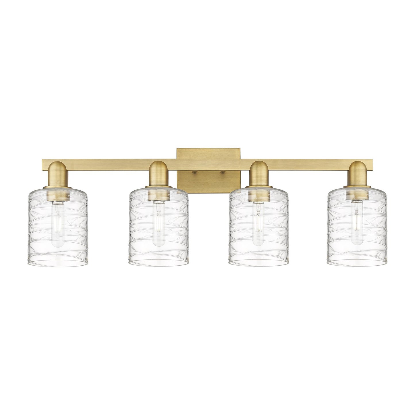 Innovations Cobbleskill 32in 4-Light Bath Vanity Light | Industrial Brushed Brass Steel and Deco Swirl Clear Glass | Bathroom | Model 716-4W-BB-G1113