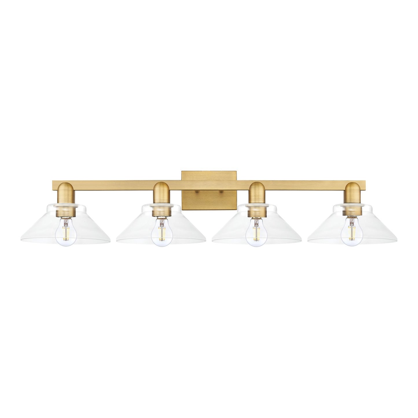Innovations Orwell 35in 4-Light Bath Vanity Light | Industrial Brushed Brass Steel and Clear Cone Glass | Bathroom Vanity & Powder | Model 716-4W-BB-G132