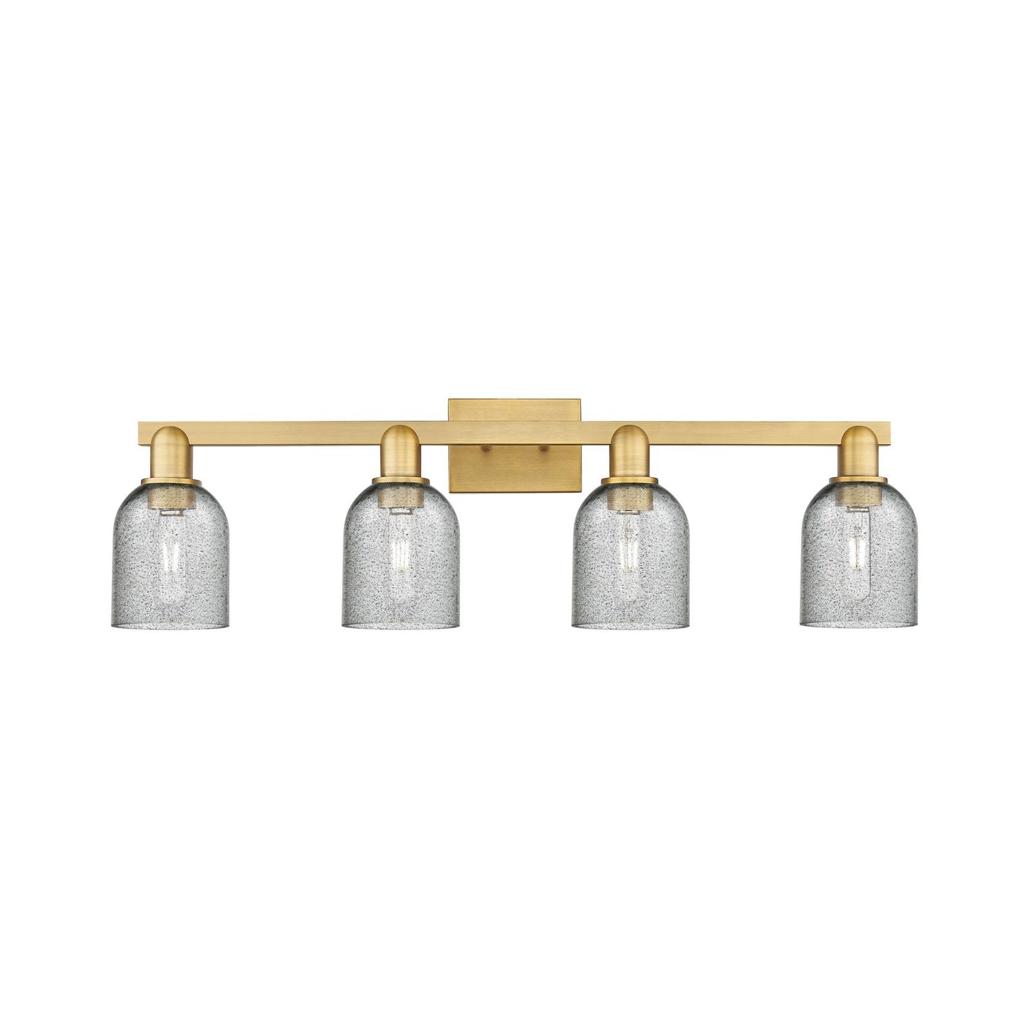 Innovations Caledonia 32in 4-Light Bath Vanity Light | Industrial Brushed Brass Steel and Charcoal Glass | Bathroom & Entryway | Model 716-4W-BB-G257
