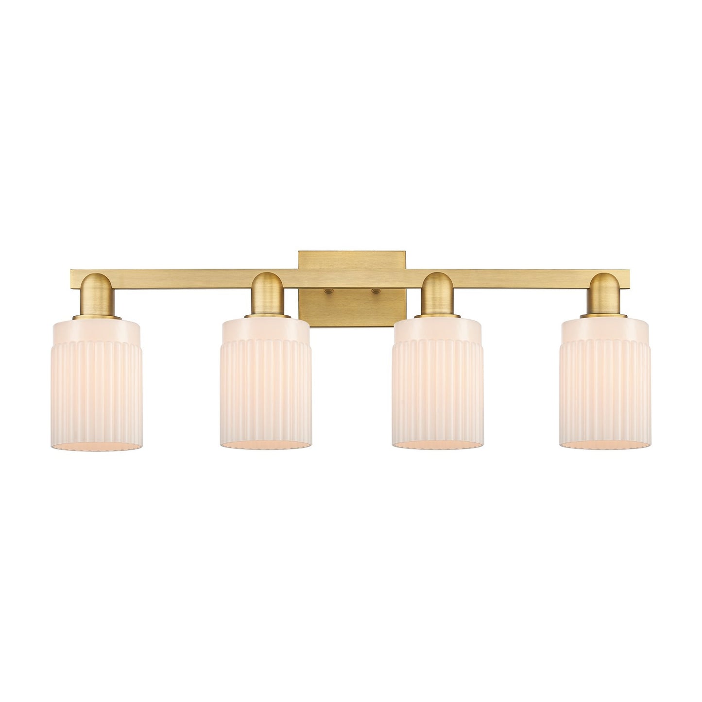Innovations Hadley 32in 4-Light Bath Vanity Light | Industrial Brushed Brass Steel and Matte White Ribbed Glass | Bathroom Vanity | Model 716-4W-BB-G341