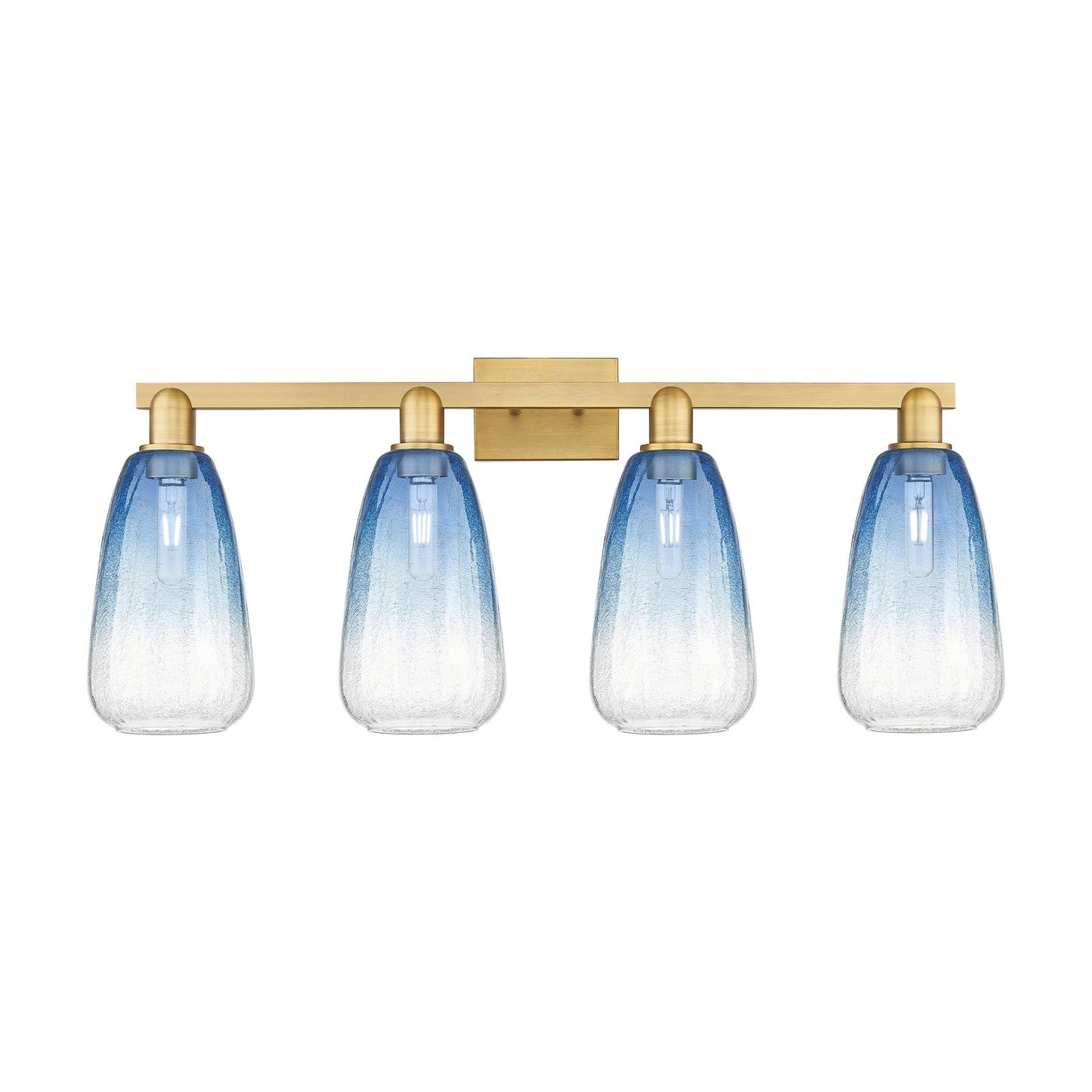 Innovations Brookhaven Almond 33in 4-Light Bath Vanity Light | Industrial Brushed Brass and Sapphire Blue Glass | Bathroom | Model 716-4W-BB-G480-6SB