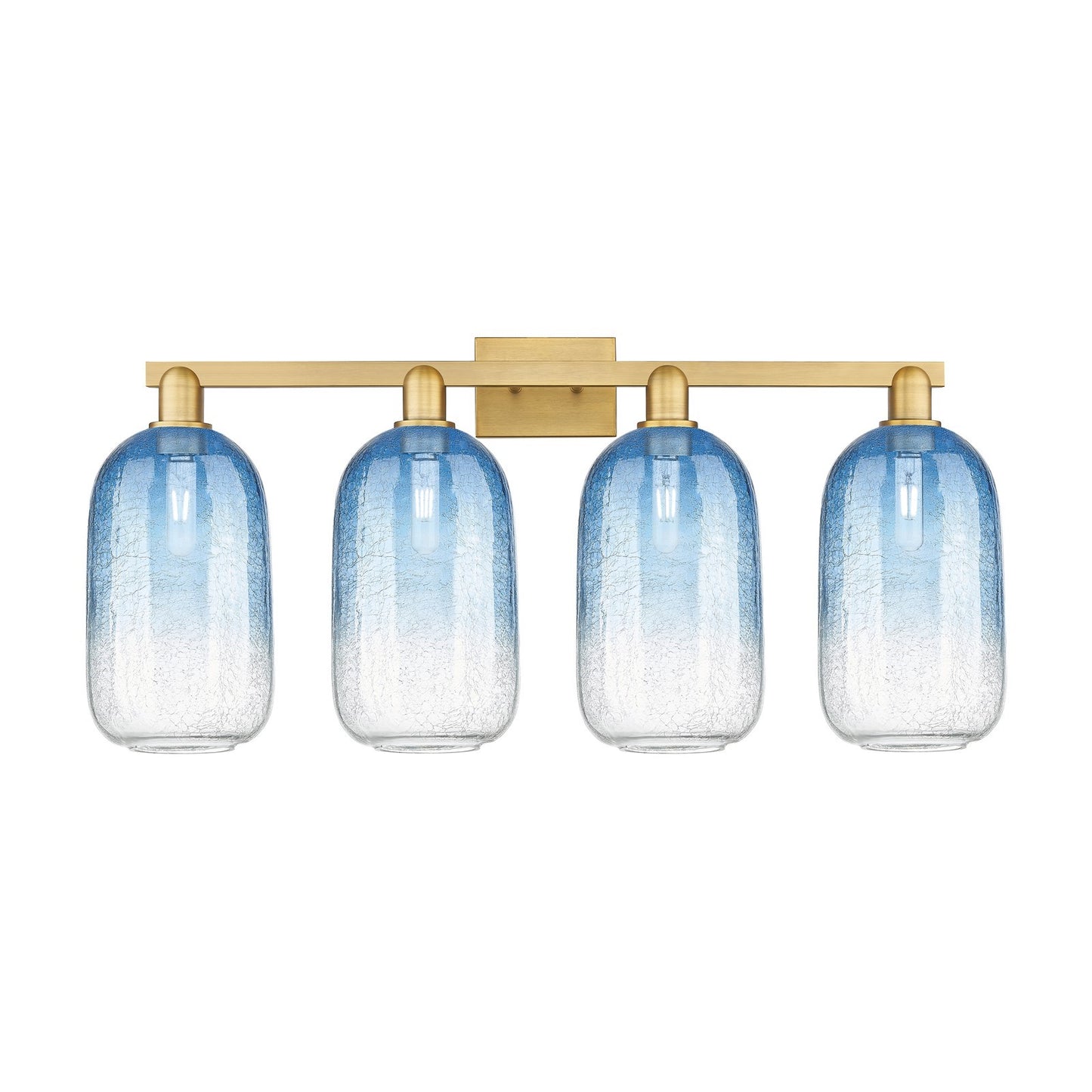 Innovations Brookhaven Cloche 34in 4-Light Bath Vanity | Industrial Brushed Brass and Sapphire Blue Glass | Bathroom Damp Rated | Model 716-4W-BB-G482-7SB