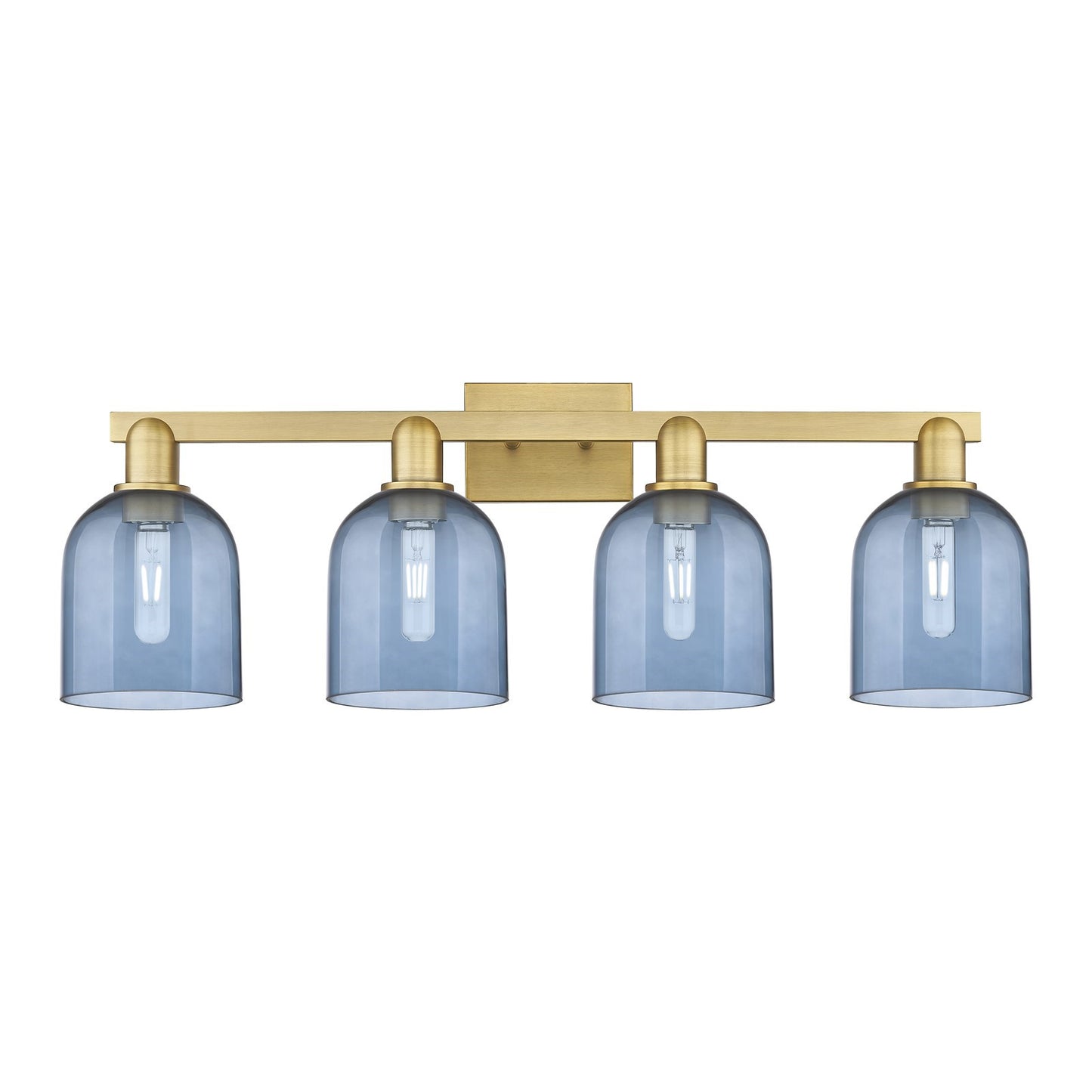 Innovations Bella 33in 4-Light Bath Vanity Light | Industrial Brushed Brass and Blue Glass | Bathroom Vanity | 32.5 x 11.25 in | Model 716-4W-BB-G558-6BL