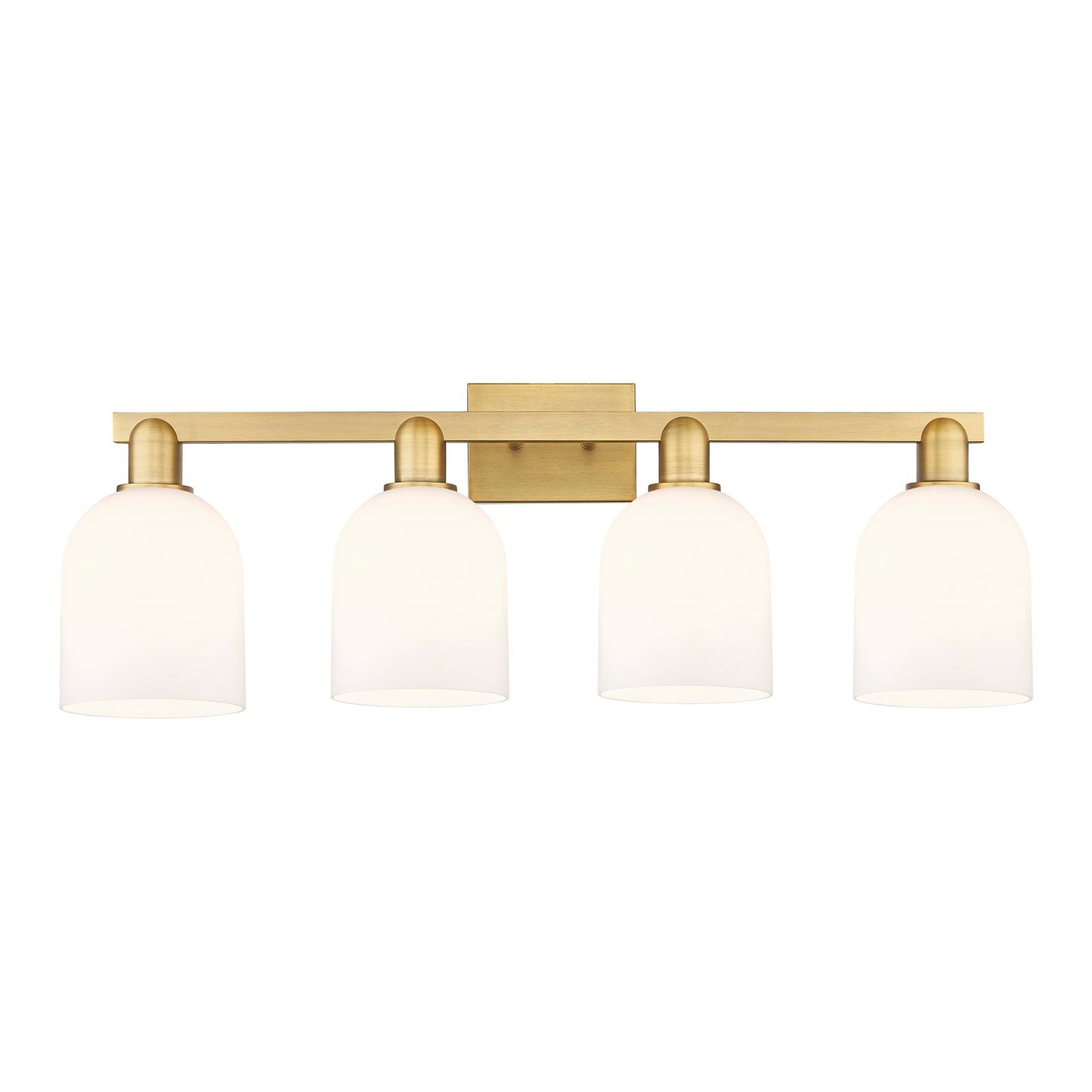 Innovations Bella 33in 4-Light Bath Vanity Light | Industrial Brushed Brass and White Glass | Kitchen & Bathroom Vanity | Model 716-4W-BB-G558-6GWH