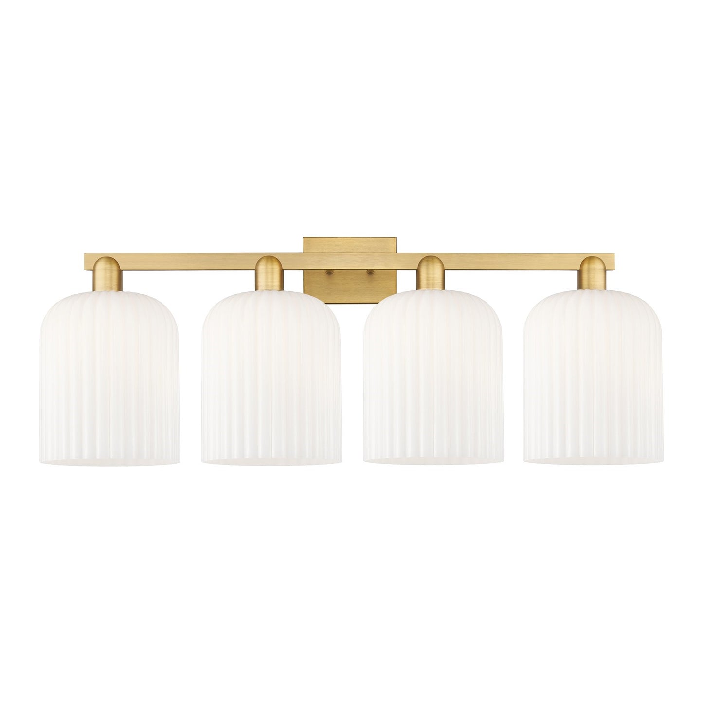 Innovations Bridal Veil 35in 4-Light Bath Vanity Light | Industrial Brushed Brass and Gloss White Ribbed Glass | Bathroom | Model 716-4W-BB-G559-8GWH