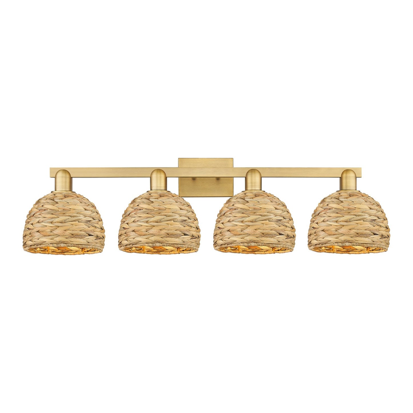 Innovations Woven Rattan 35in 4-Light Bath Vanity Light | Industrial Brushed Brass and Natural Fiber Dome Shade | Bathroom | Model 716-4W-BB-RBD-8-NAT