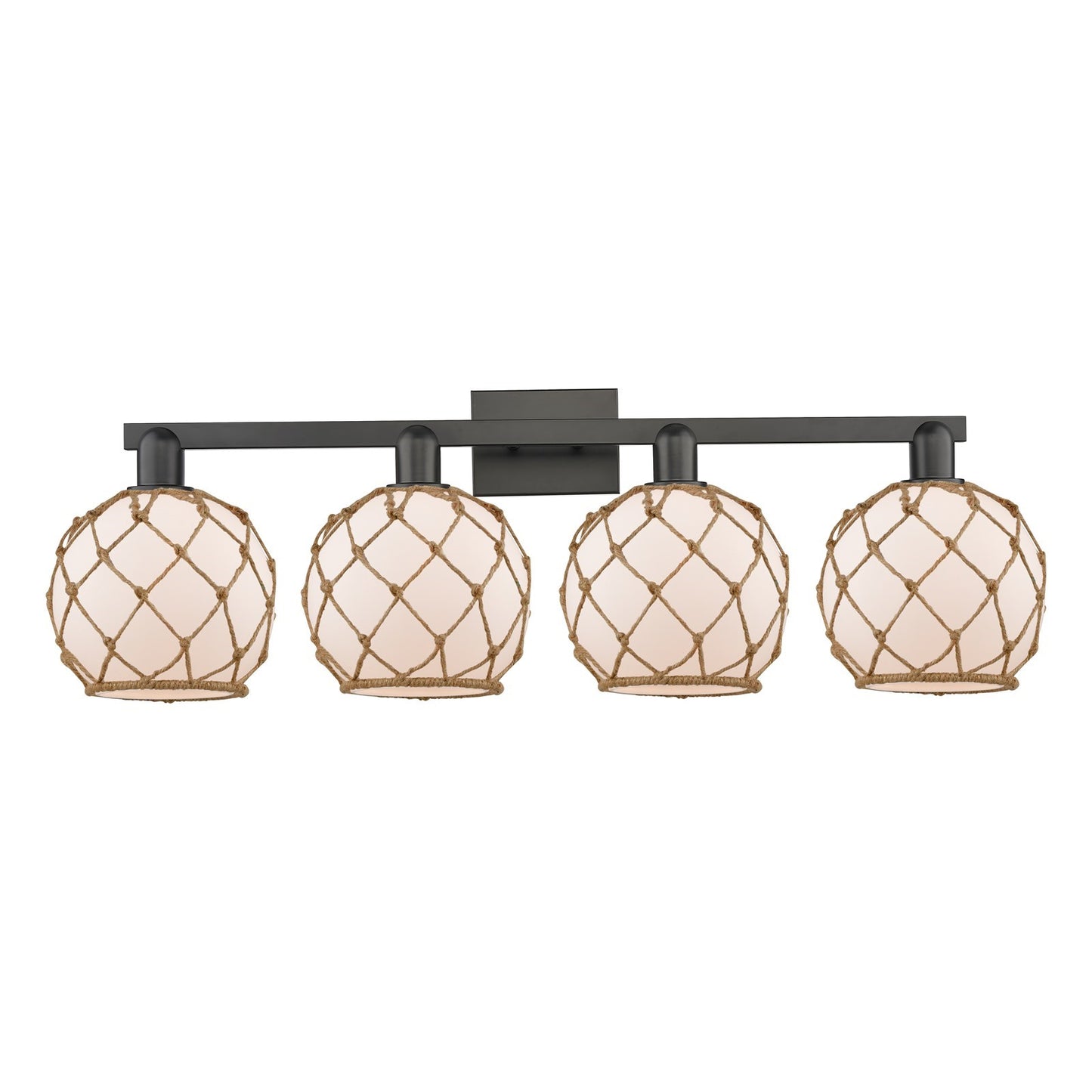Innovations Farmhouse Rope 35in 4-Light Bath Vanity | Industrial Matte Black Steel and White Frosted Glass Rope Shade | Model 716-4W-BK-G121-8RW