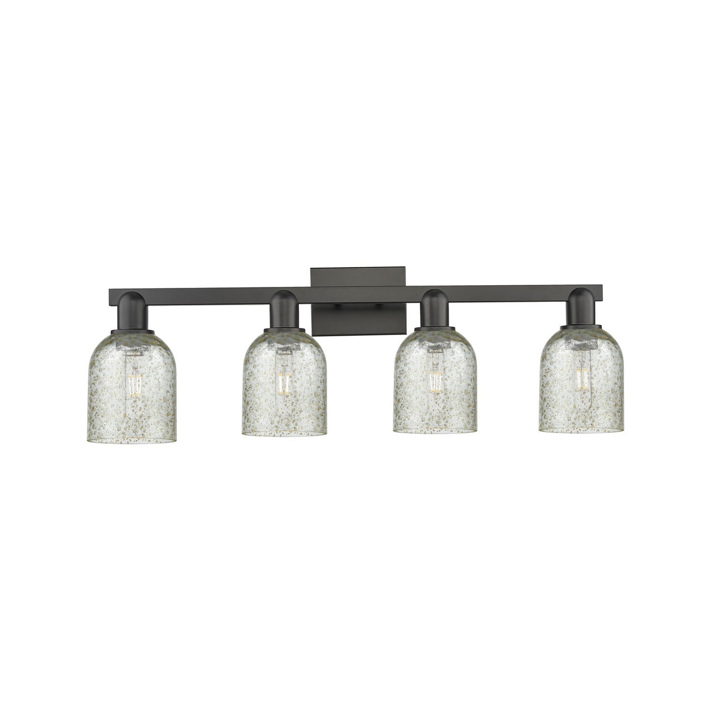 Innovations Caledonia 32in 4-Light Bath Vanity Light | Industrial Matte Black Steel and Mica Glass | Bathroom Vanity | Model 716-4W-BK-G259