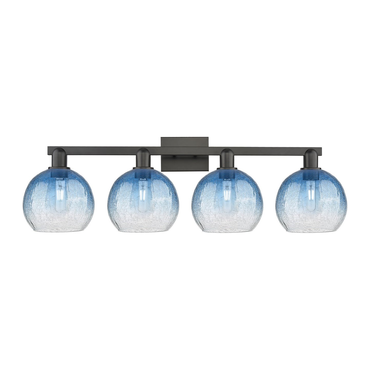 Innovations Brookhaven Globe 35in 4-Light Bath Vanity Light | Industrial Matte Black Steel and Sapphire Blue Glass | Bathroom | Model 716-4W-BK-G483-8SB