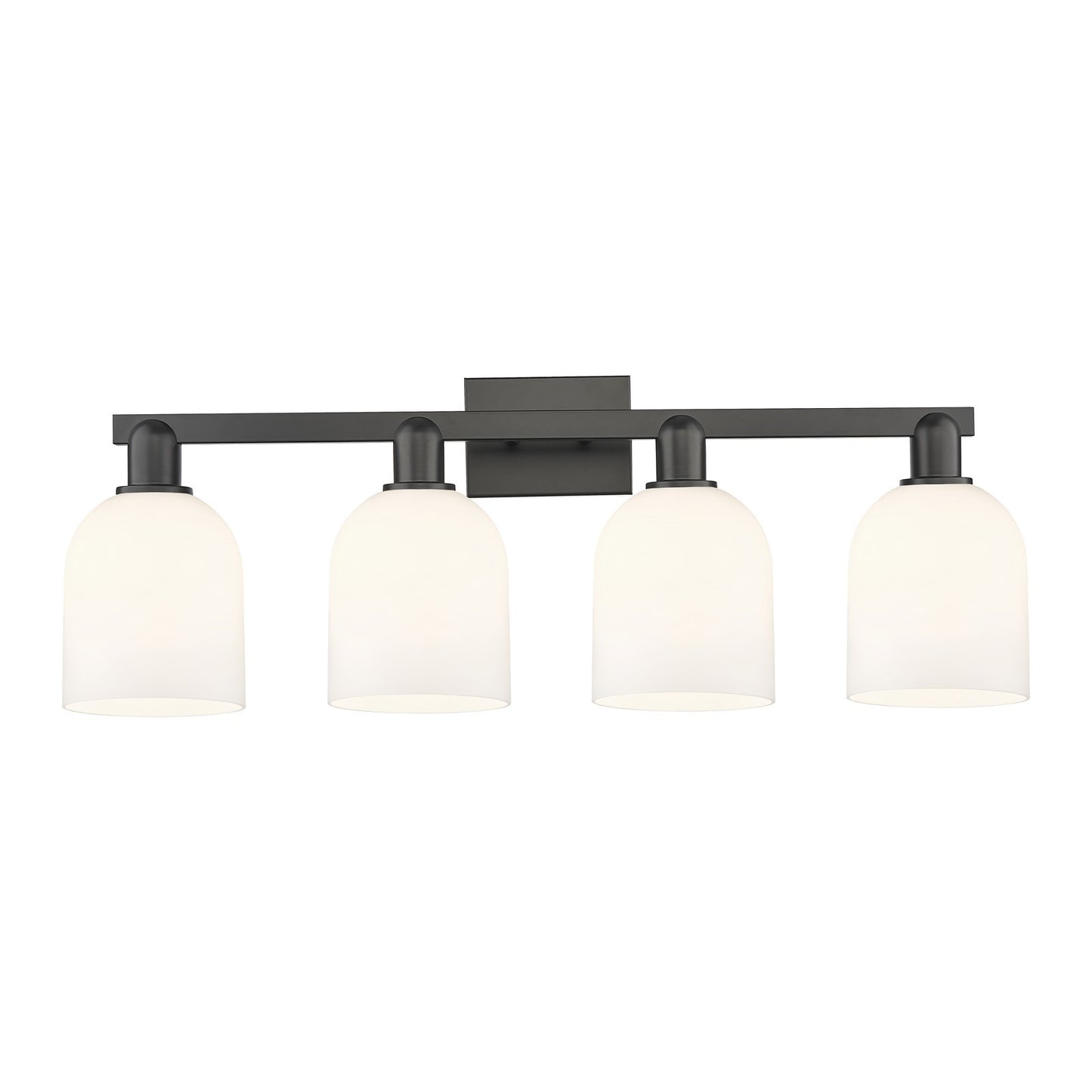 Innovations Bella 33in 4-Light Bath Vanity Light | Industrial Matte Black Steel and Cast Brass with White Glass Shade | Model 716-4W-BK-G558-6GWH