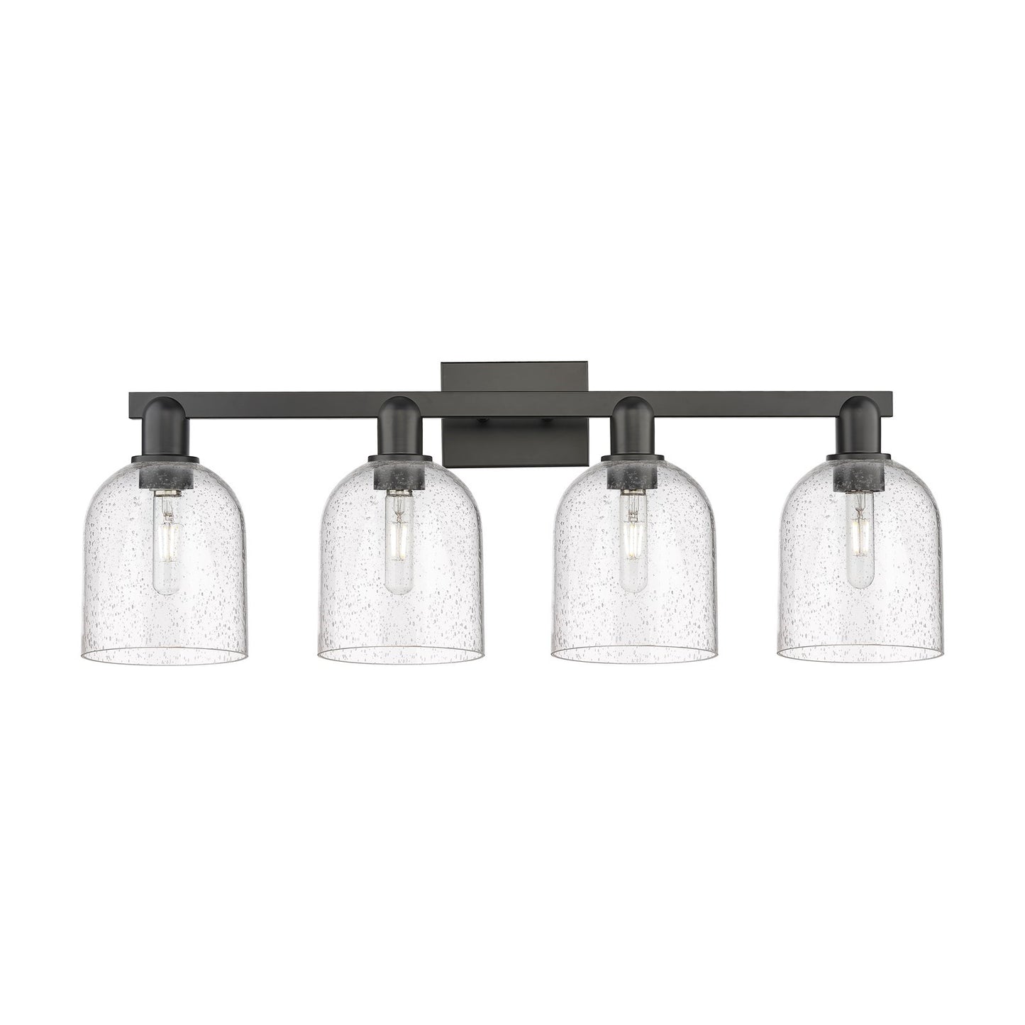 Innovations Bella 33in 4-Light Bath Vanity Light | Industrial Matte Black Steel and Seedy Glass | Bathroom Vanity | Model 716-4W-BK-G558-6SDY