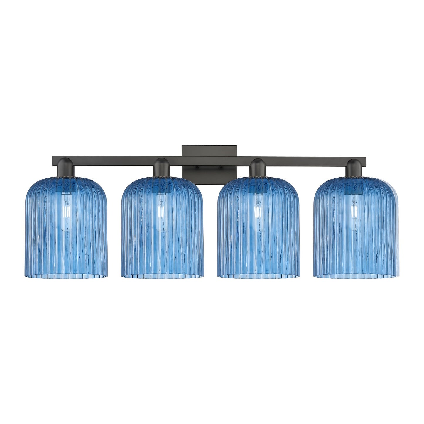 Innovations Bridal Veil 35in 4-Light Bath Vanity Light | Industrial Matte Black Steel and Princess Blue Ribbed Glass | Bathroom | Model 716-4W-BK-G559-8BL