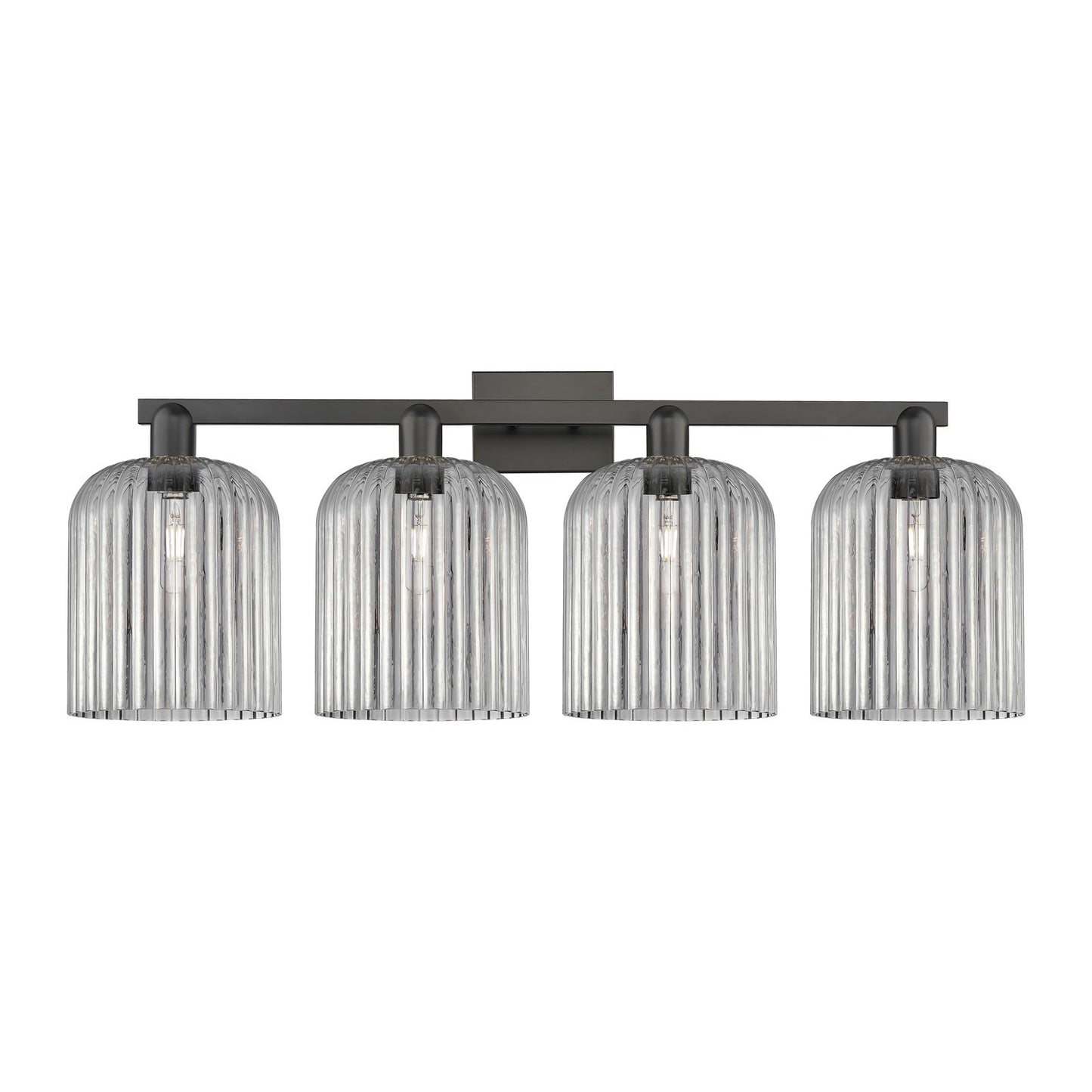 Innovations Bridal Veil 35in 4-Light Bath Vanity Light | Industrial Matte Black Steel and Light Smoke Ribbed Glass | Bathroom | Model 716-4W-BK-G559-8SM